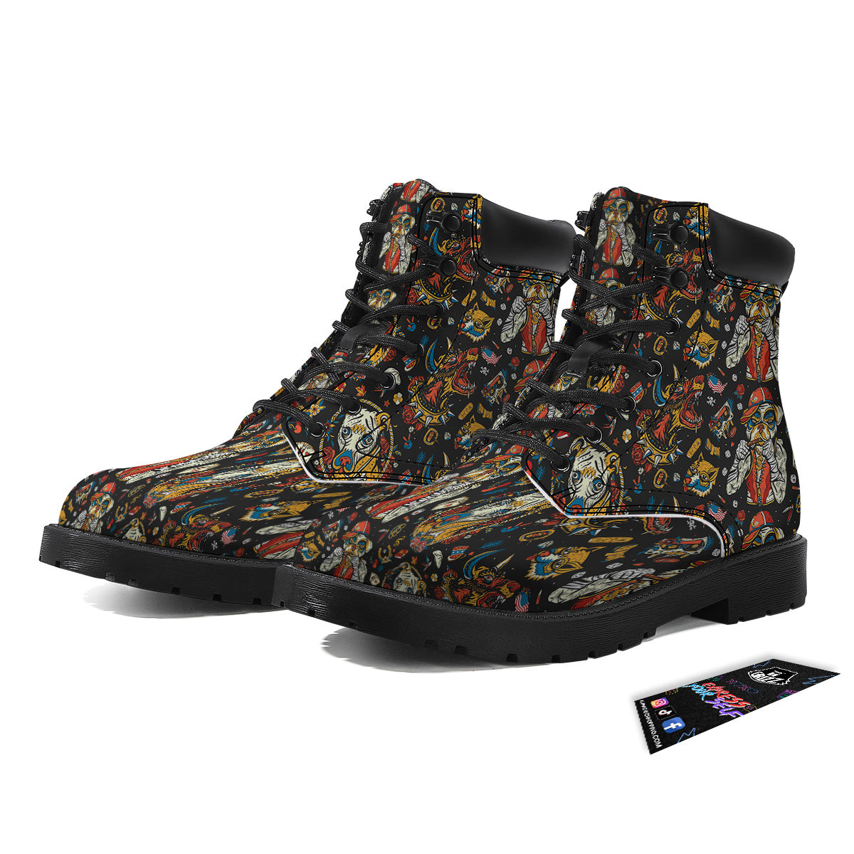 Dogs Old School Tattoo Print Pattern Boots-grizzshop