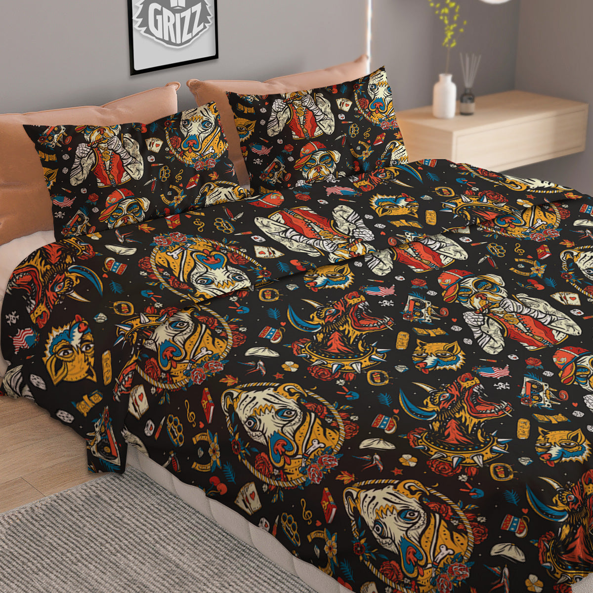 Dogs Old School Tattoo Print Pattern Duvet Cover Bedding Set