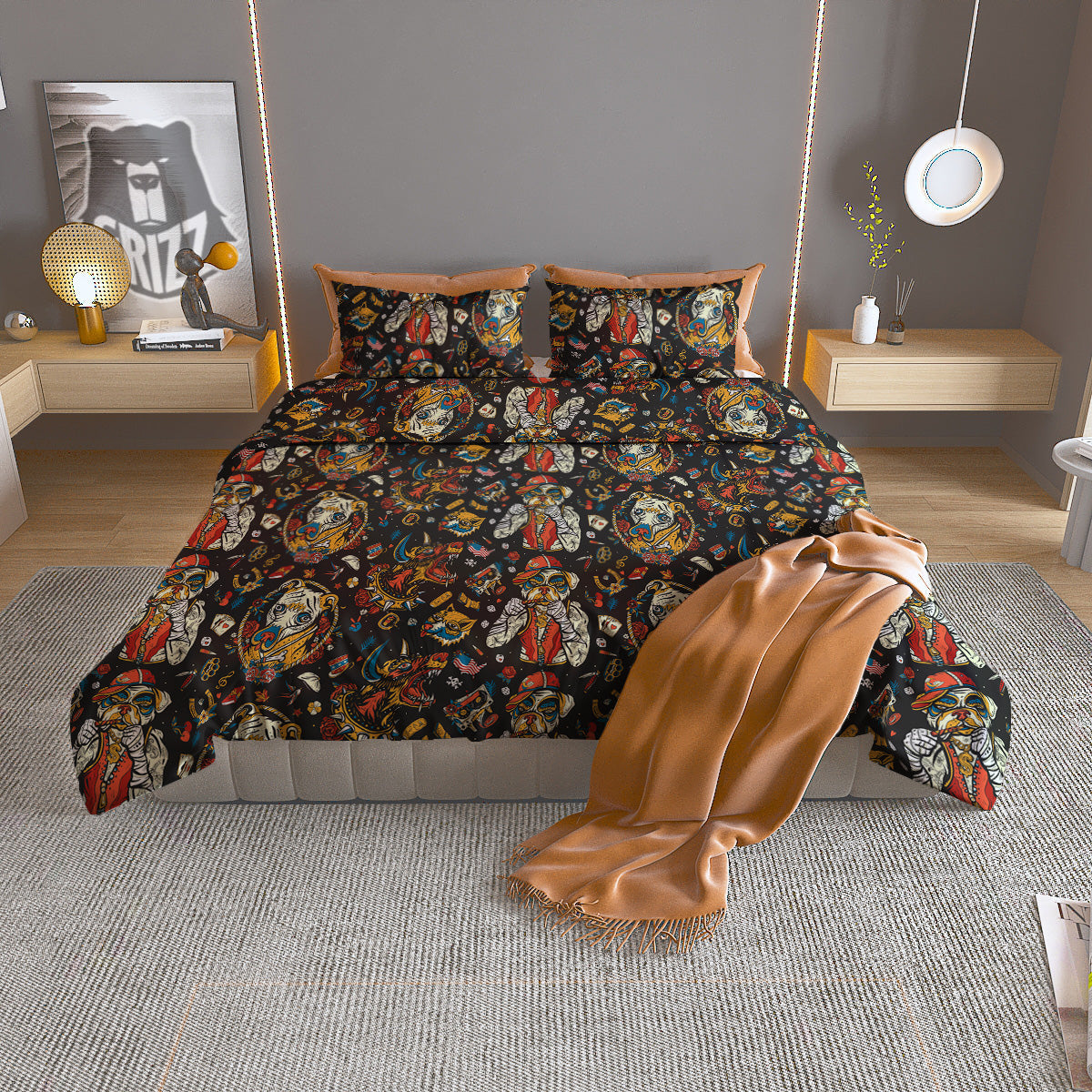 Dogs Old School Tattoo Print Pattern Duvet Cover Bedding Set