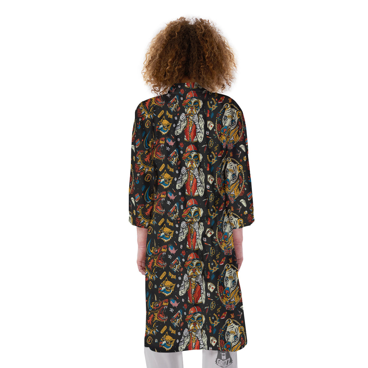 Dogs Old School Tattoo Print Pattern Kimono-grizzshop
