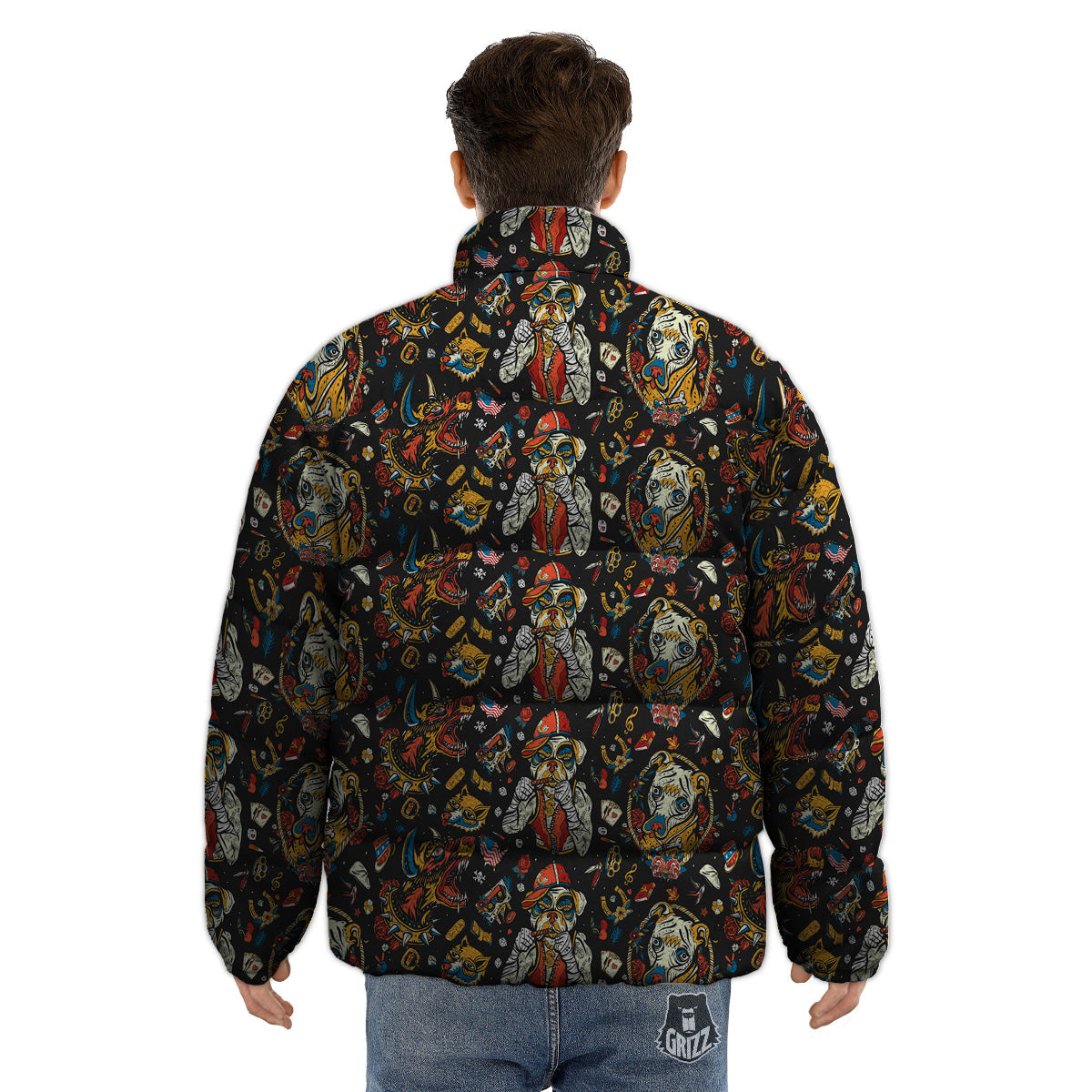 Dogs Old School Tattoo Print Pattern Puffer Jacket-grizzshop