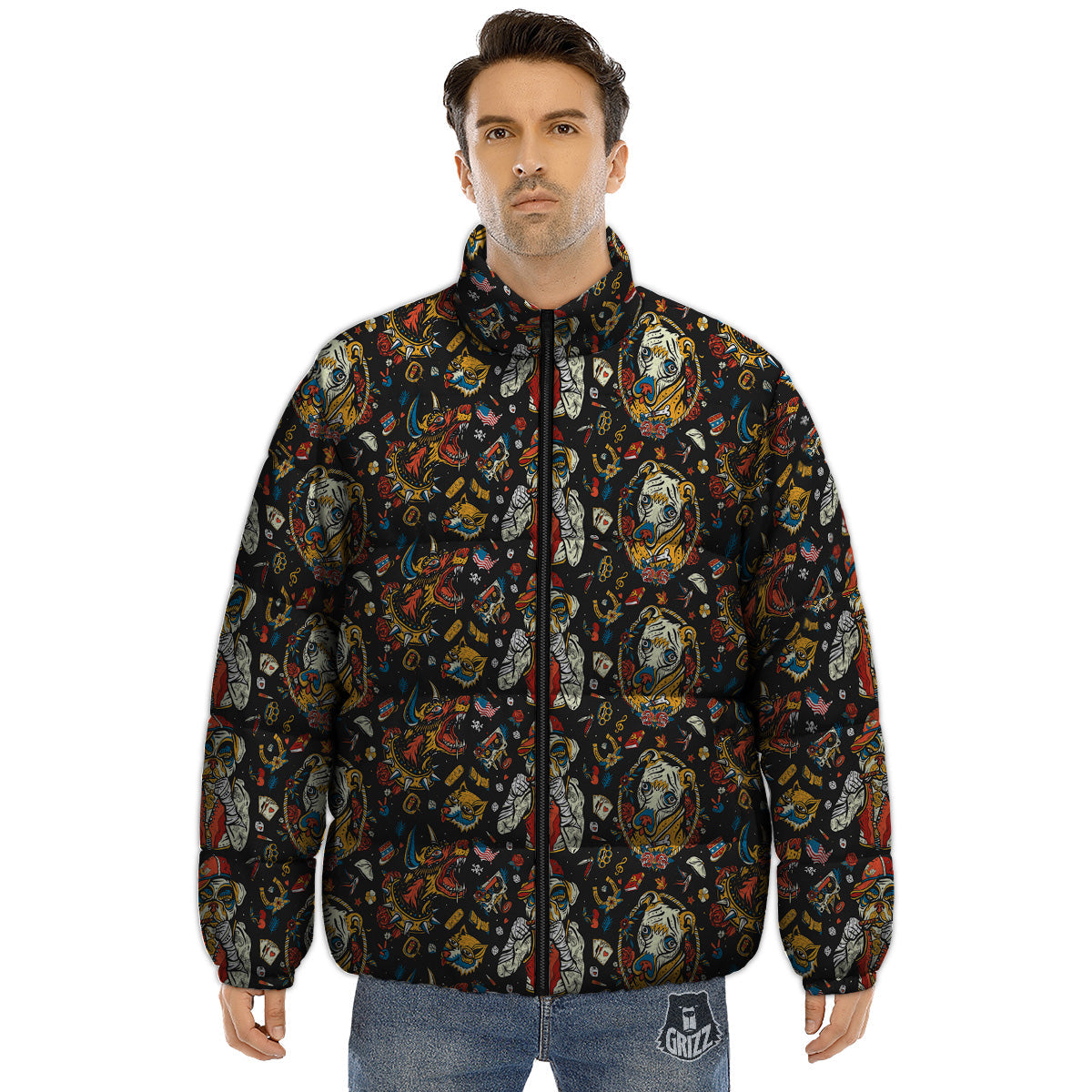 Dogs Old School Tattoo Print Pattern Puffer Jacket-grizzshop