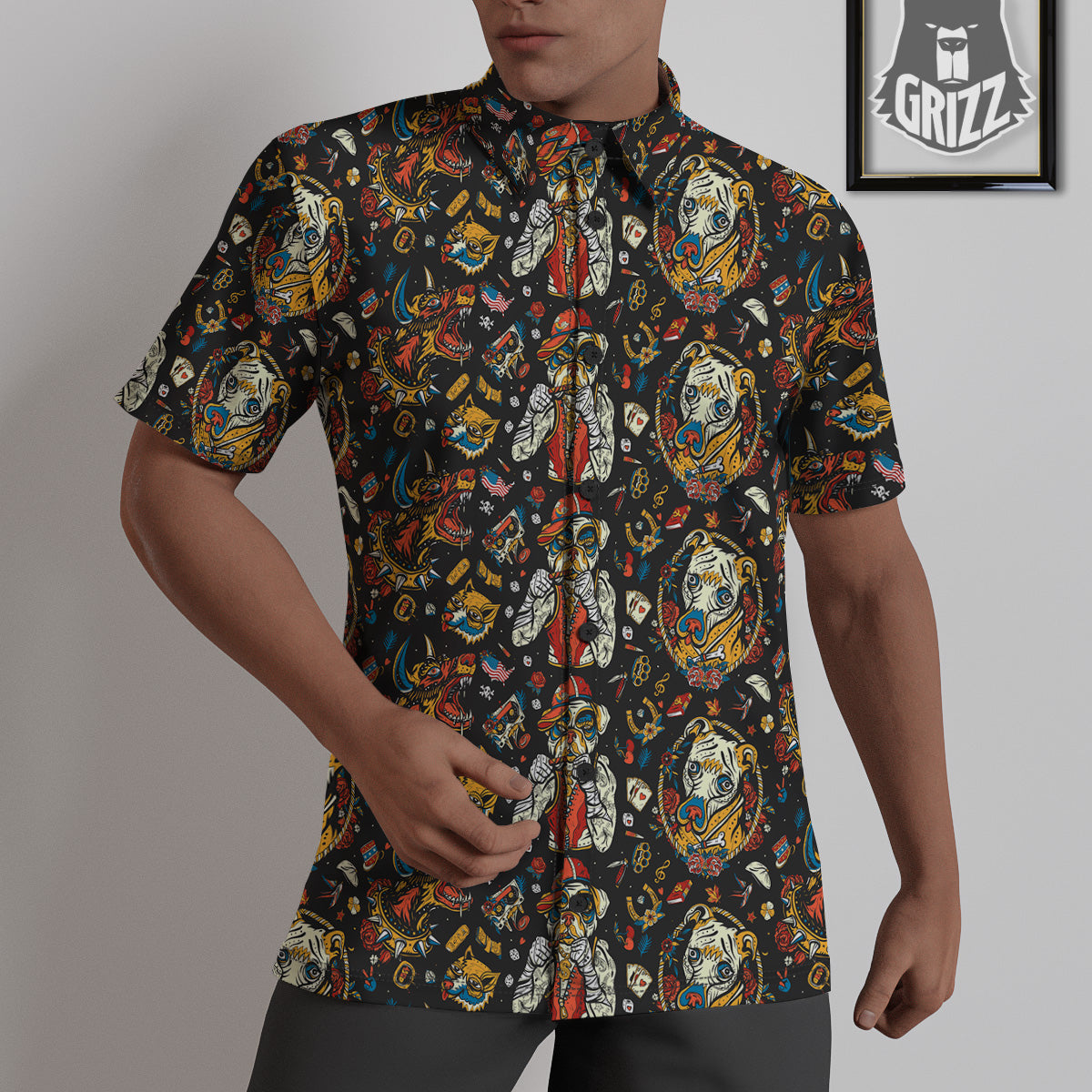 Dogs Old School Tattoo Print Pattern Untucked Shirts-grizzshop