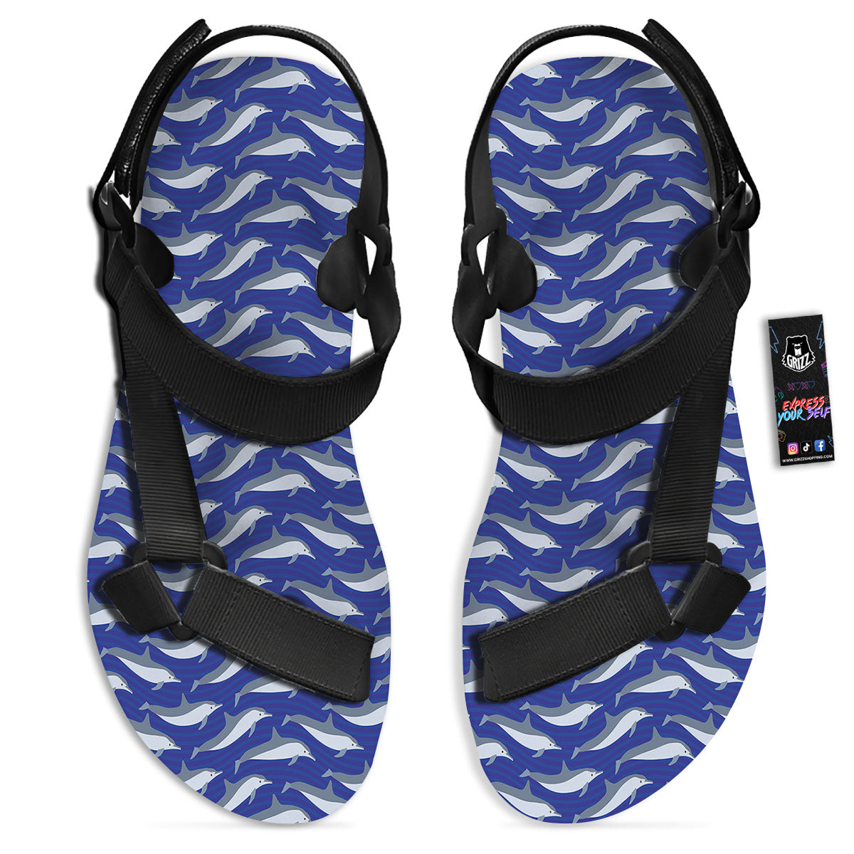 Dolphin And Waves Print Pattern Black Open Toe Sandals-grizzshop