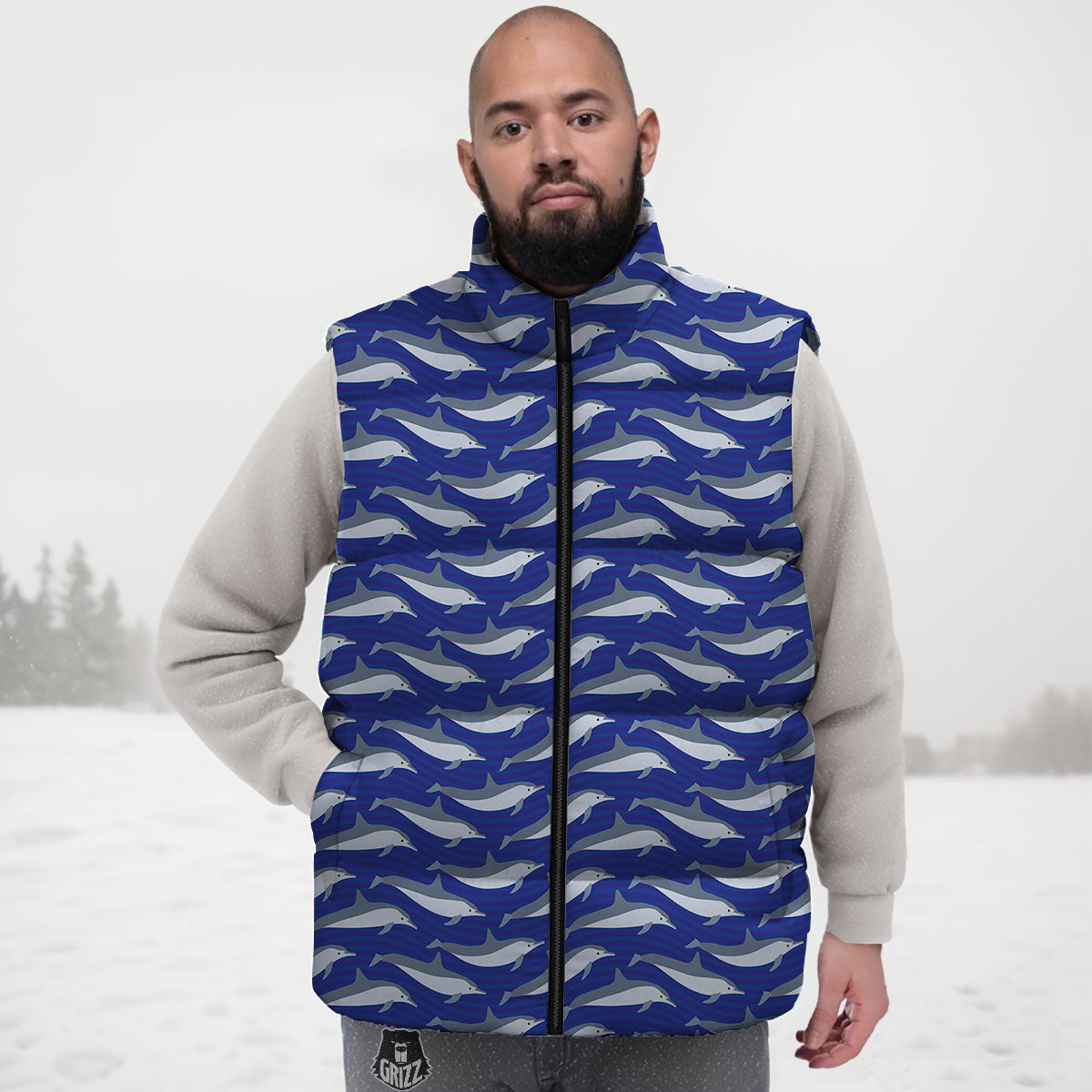 Dolphin And Waves Print Pattern Down Vest
