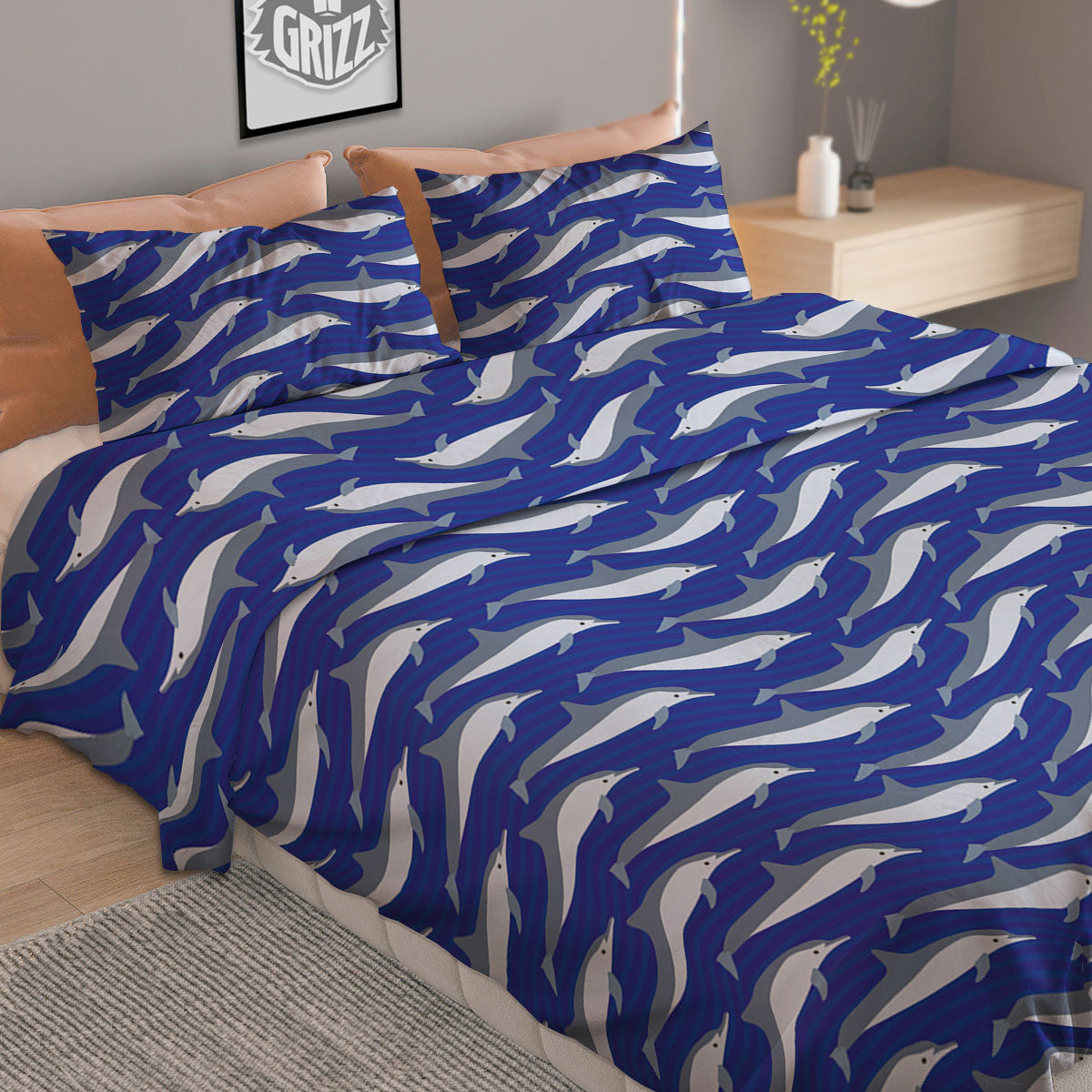 Dolphin And Waves Print Pattern Duvet Cover Bedding Set