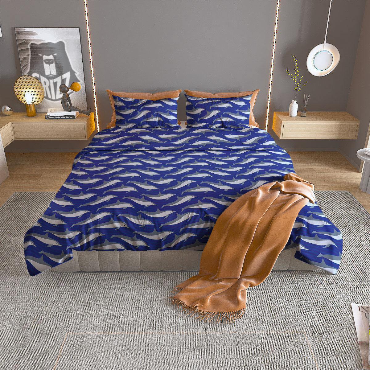 Dolphin And Waves Print Pattern Duvet Cover Bedding Set