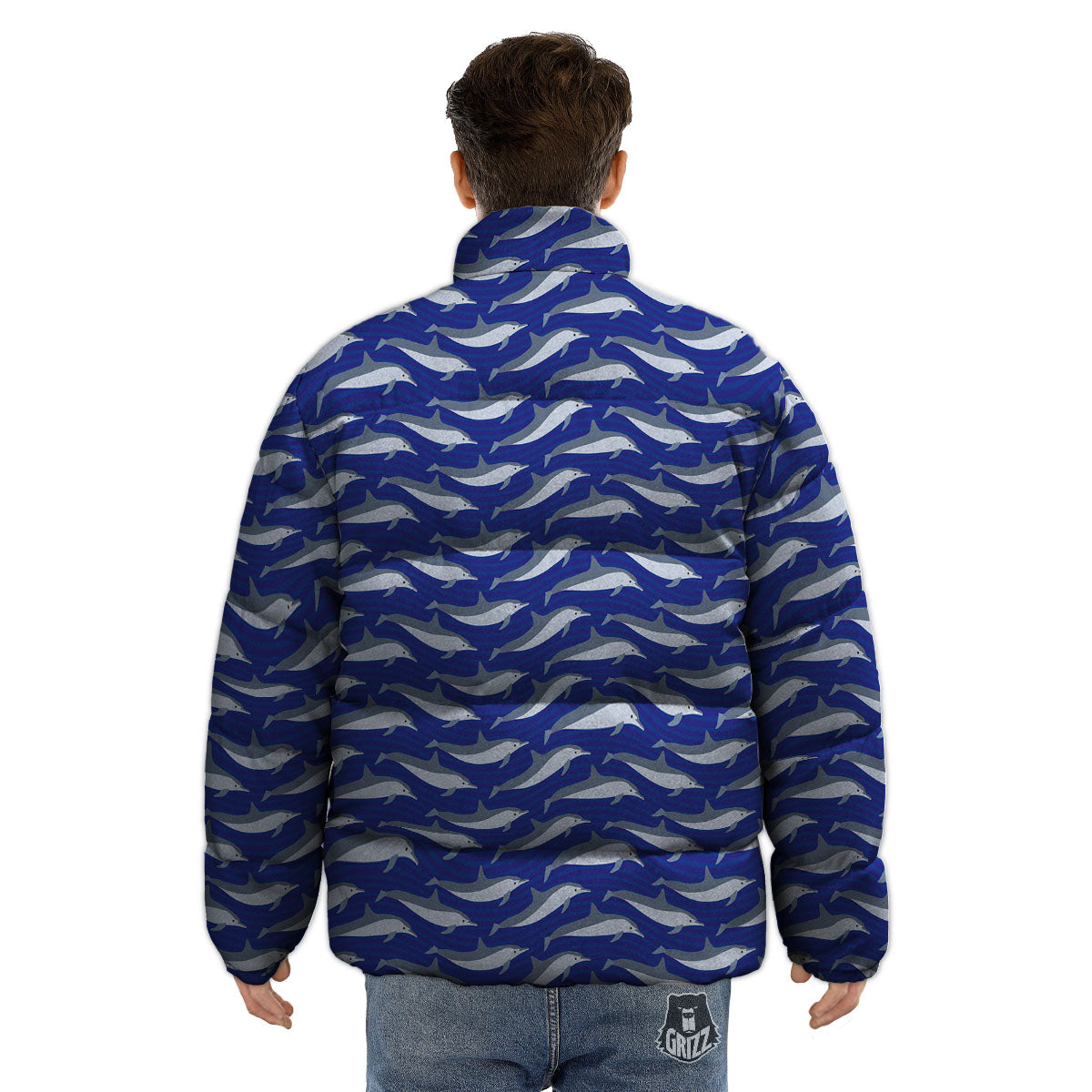 Dolphin And Waves Print Pattern Puffer Jacket-grizzshop