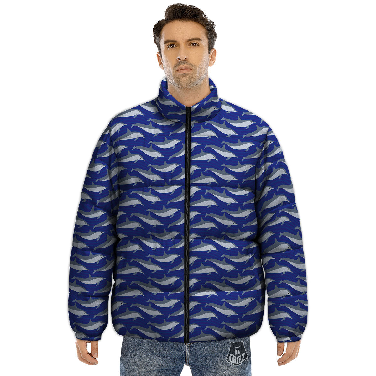 Dolphin And Waves Print Pattern Puffer Jacket-grizzshop