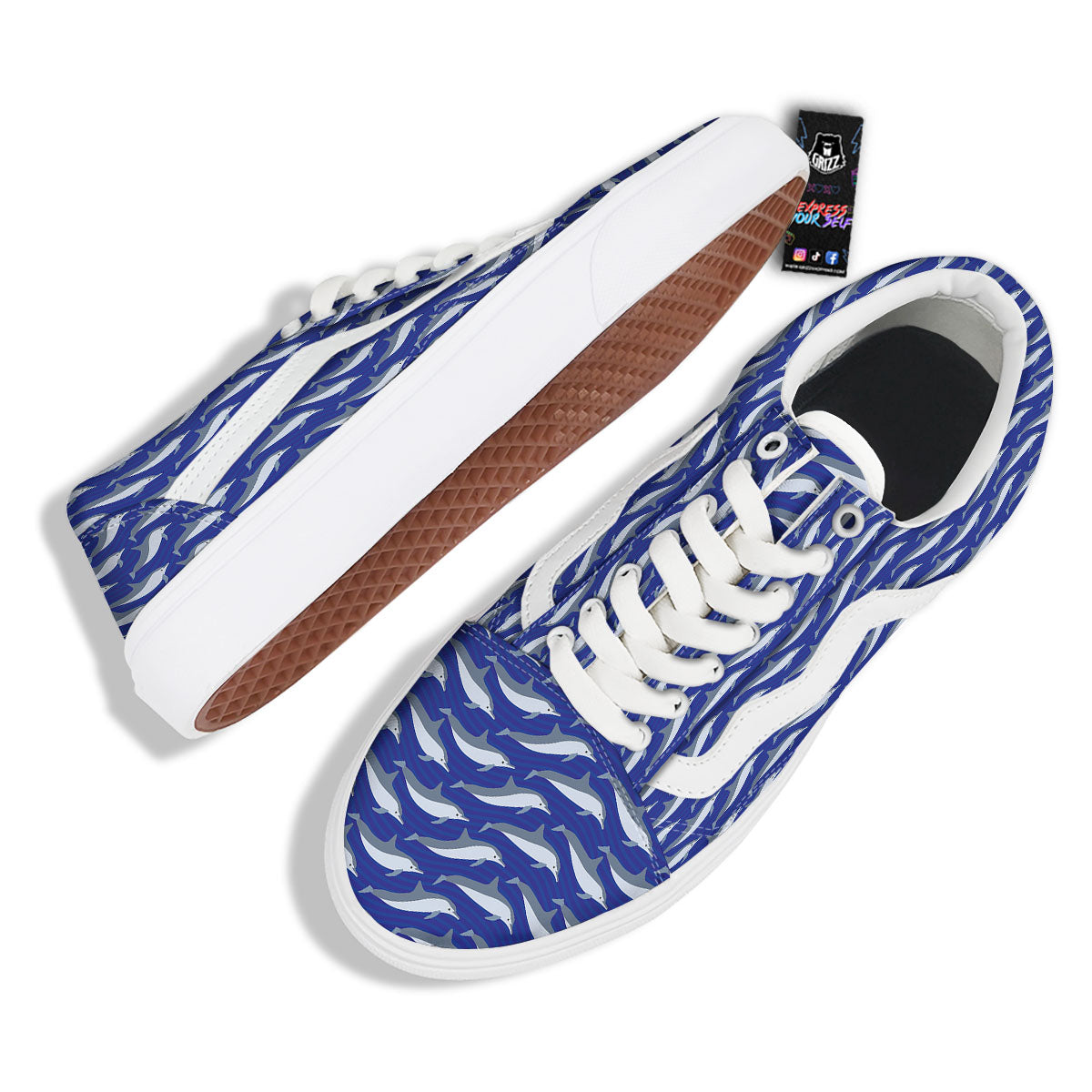 Dolphin And Waves Print Pattern Skate Shoes-grizzshop