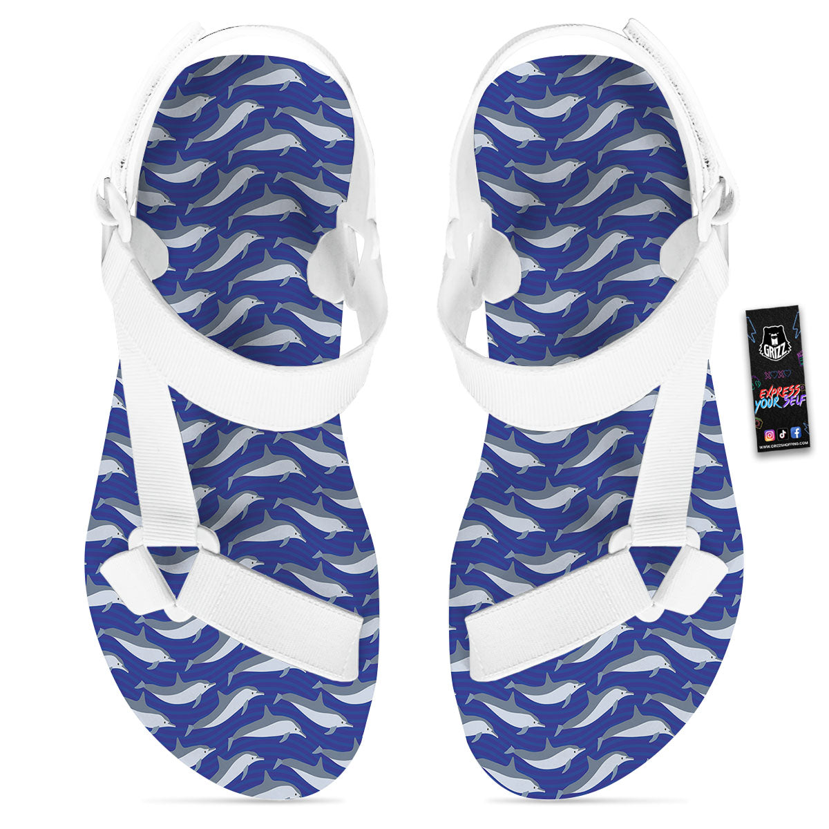 Dolphin And Waves Print Pattern White Open Toe Sandals-grizzshop