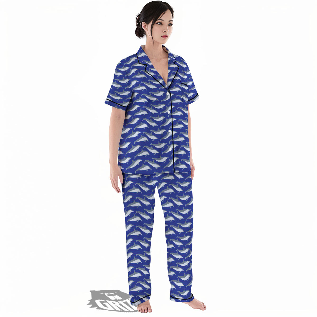 Dolphin And Waves Print Pattern Women's Pajamas Set-grizzshop