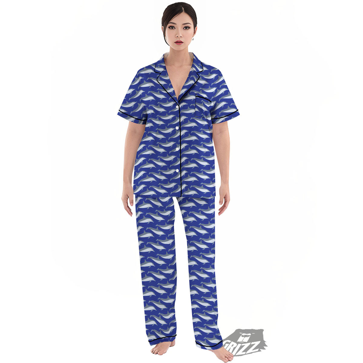 Dolphin And Waves Print Pattern Women's Pajamas Set-grizzshop