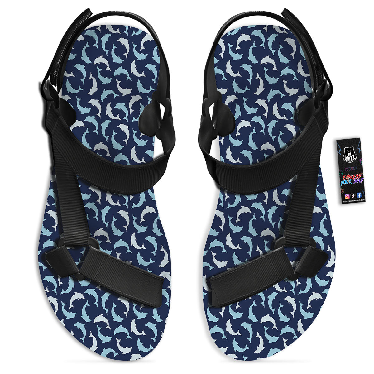 Dolphin Dark Blue Print Pattern Black Open Toe Sandals-grizzshop
