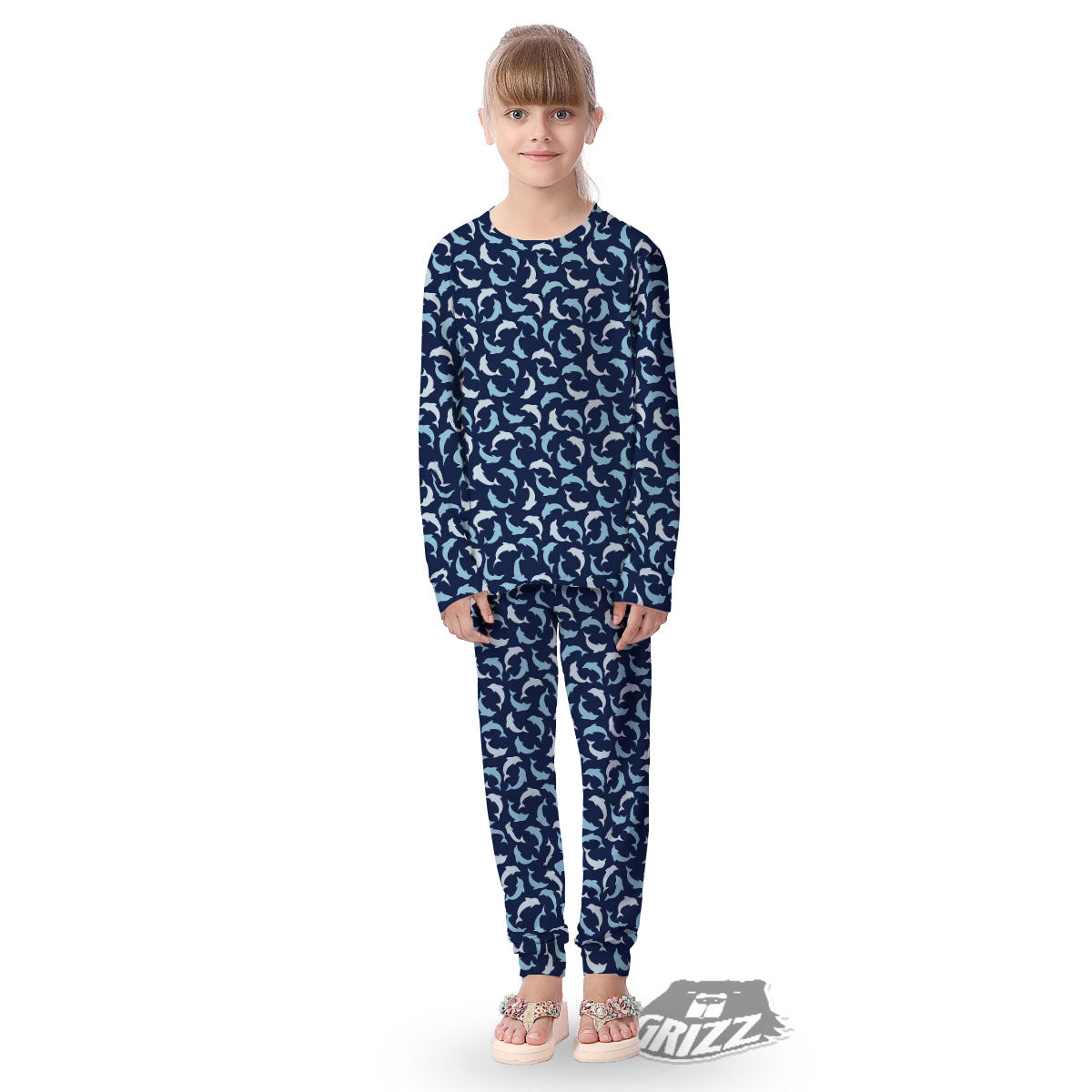 Dolphin Dark Blue Print Pattern Kid's Pajamas-grizzshop