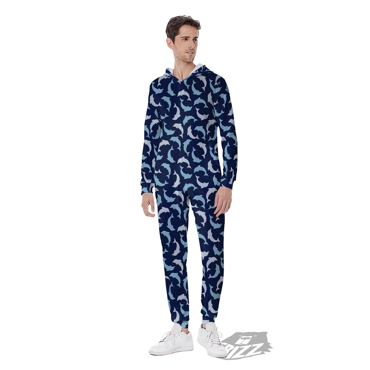 Dolphin Dark Blue Print Pattern Men's Jumpsuit-grizzshop
