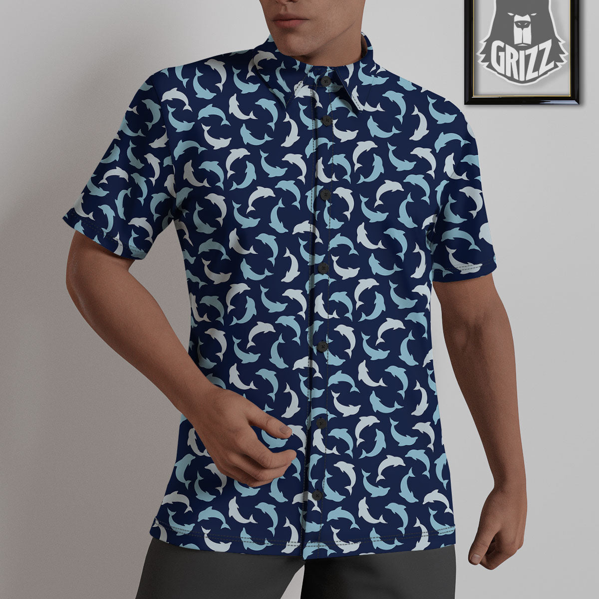 Dolphin Dark Blue Print Pattern Untucked Shirts-grizzshop