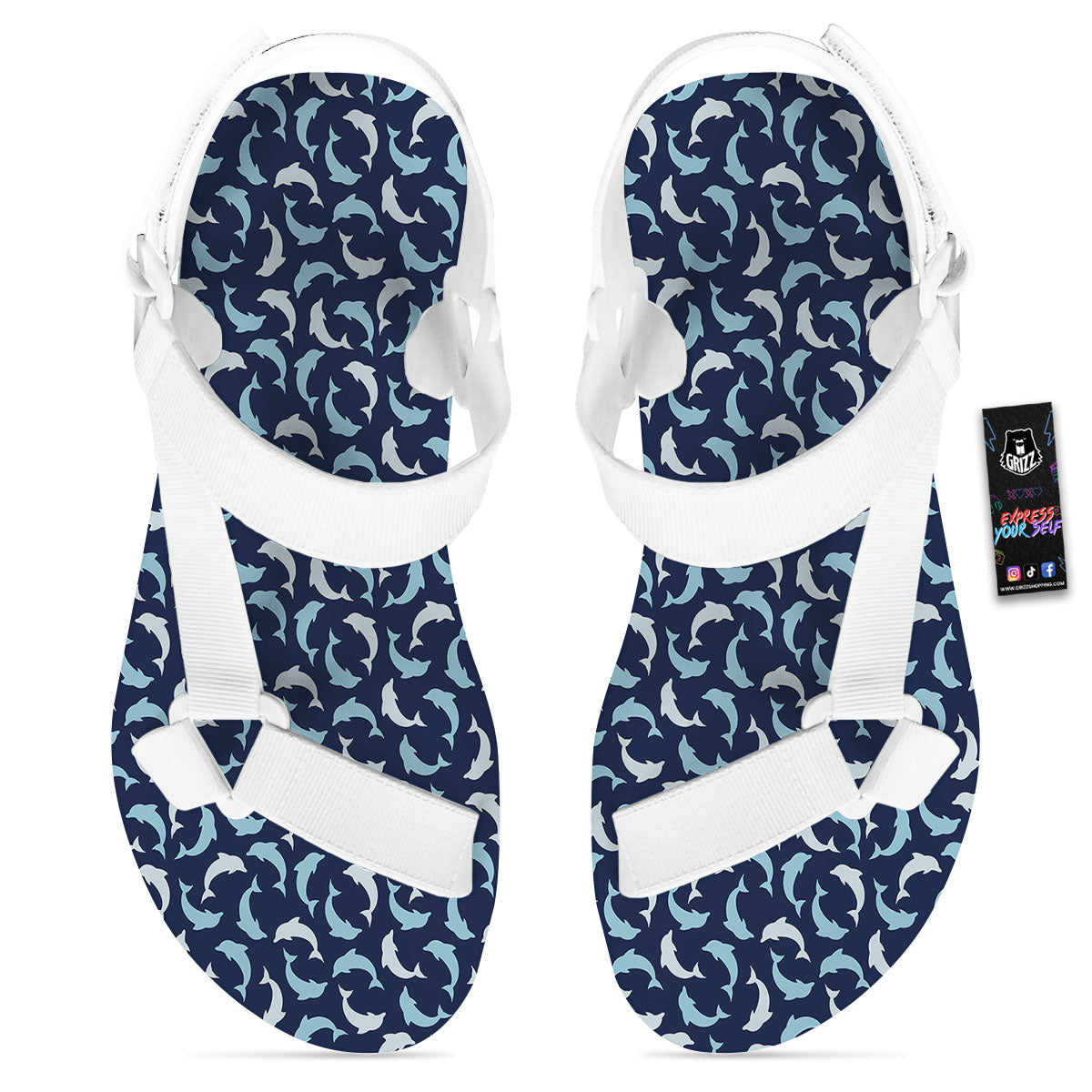 Dolphin Dark Blue Print Pattern White Open Toe Sandals-grizzshop