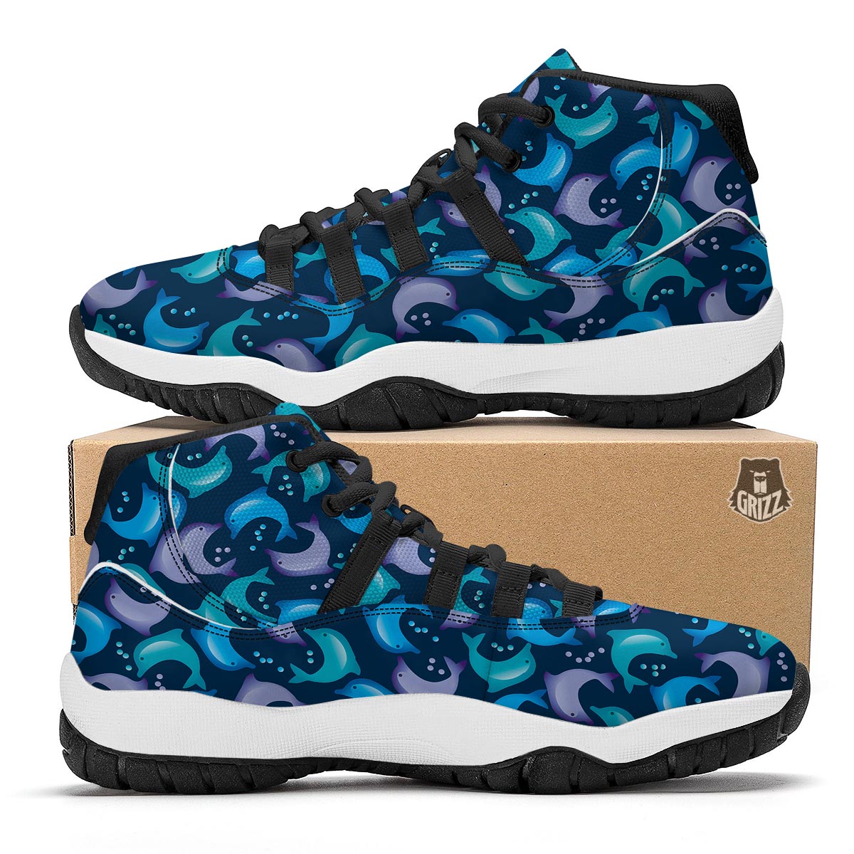 Dolphin Pattern Print Black Bball Shoes-grizzshop