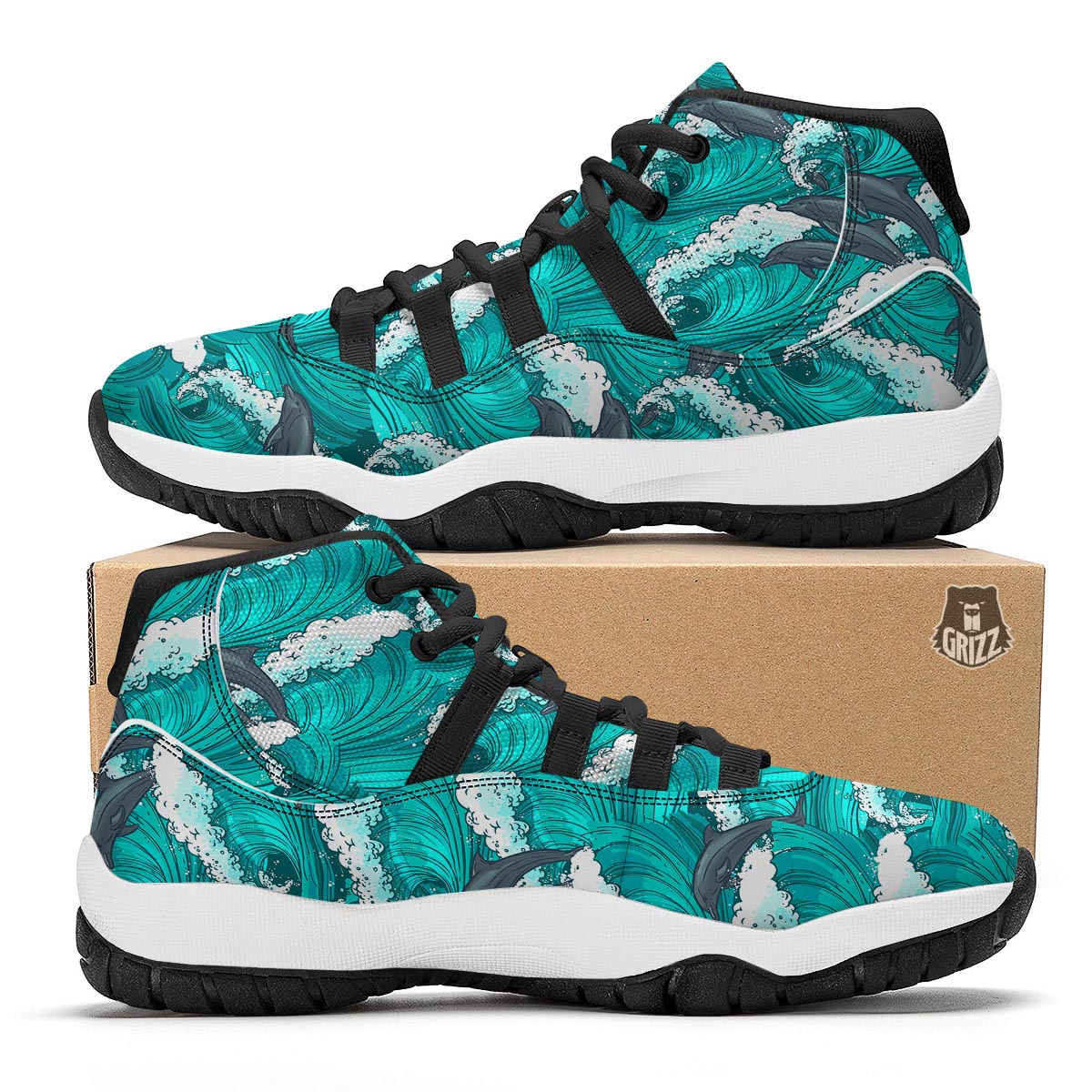 Dolphin Wave Pattern Print Black Bball Shoes-grizzshop
