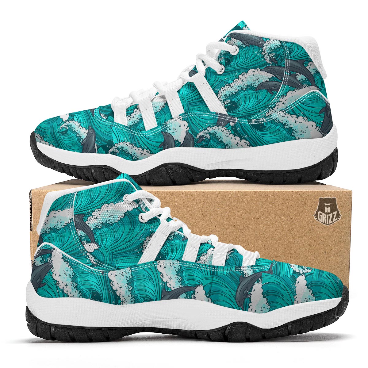 Dolphin Wave Pattern Print White Bball Shoes-grizzshop