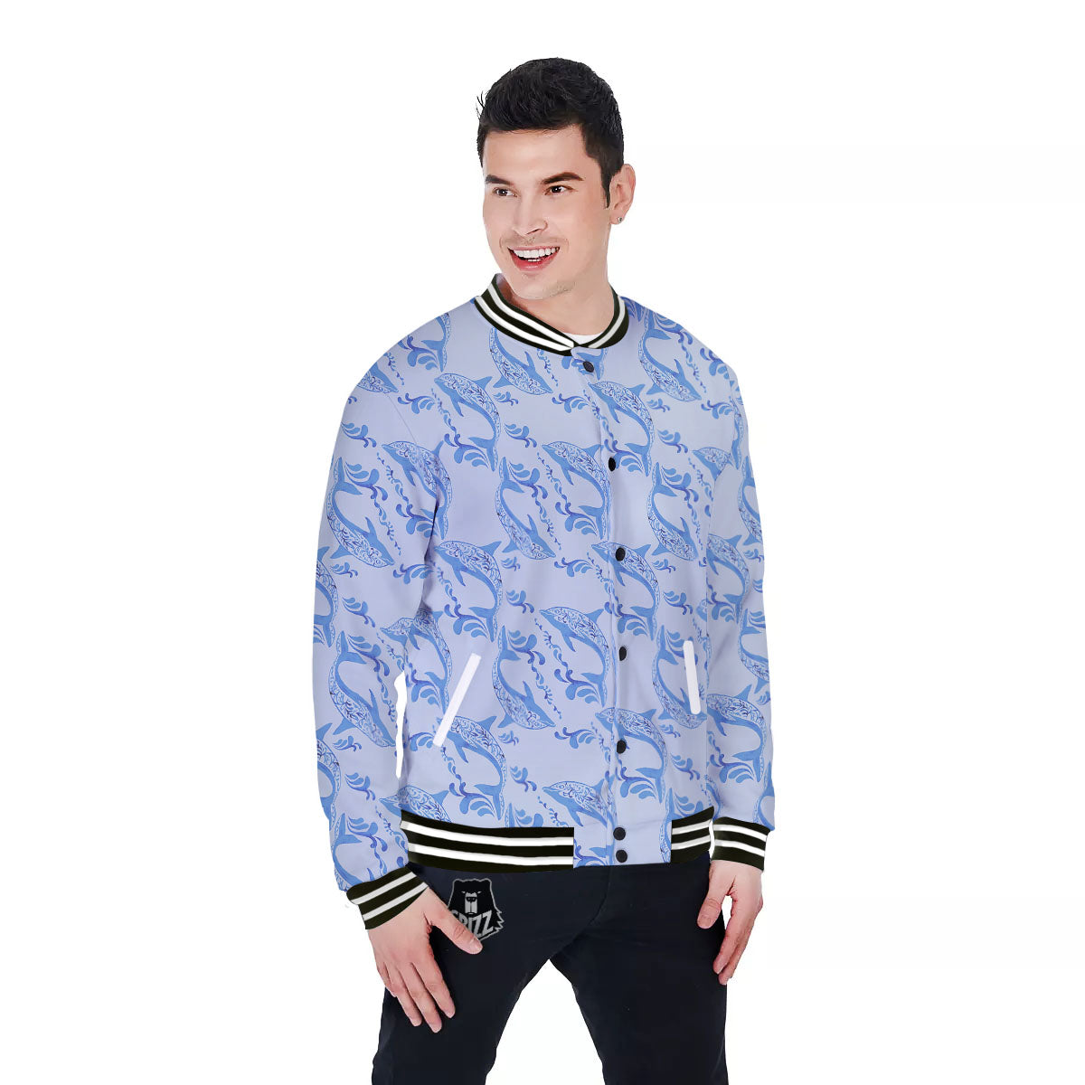 Dolphins Blue Print Pattern Baseball Jacket-grizzshop