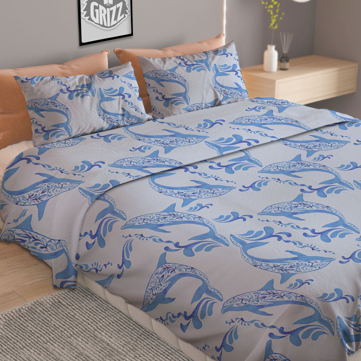 Dolphins Blue Print Pattern Duvet Cover Bedding Set