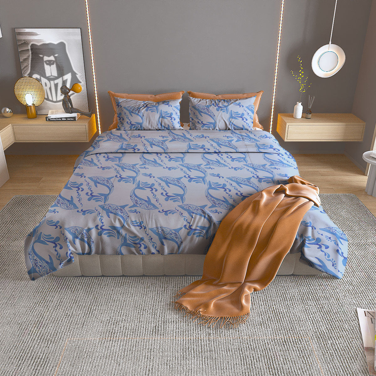 Dolphins Blue Print Pattern Duvet Cover Bedding Set