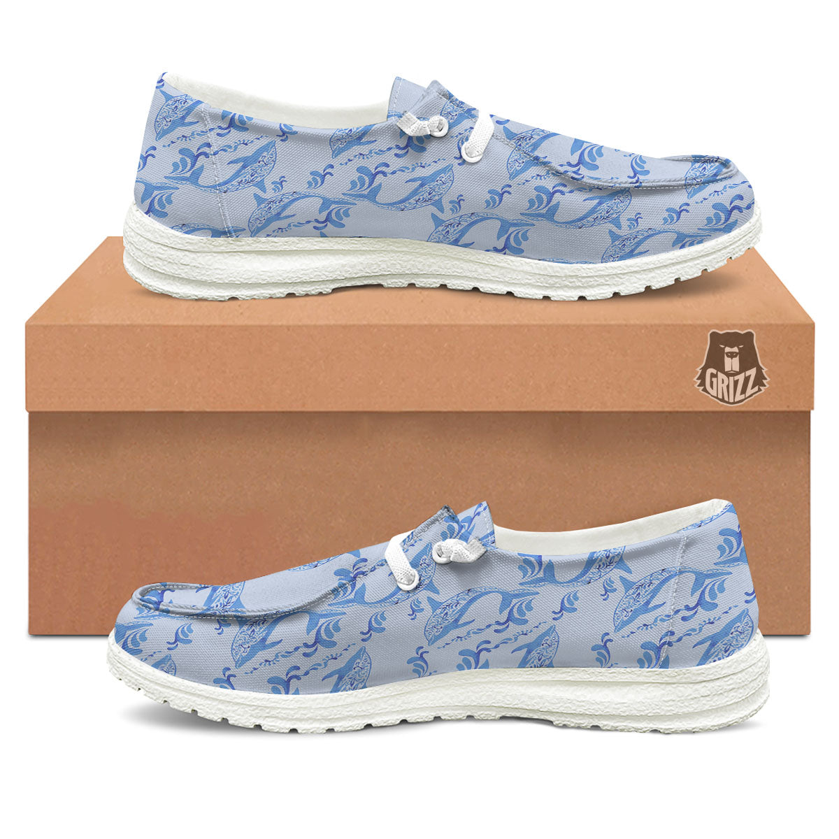 Dolphins Blue Print Pattern White Loafers-grizzshop