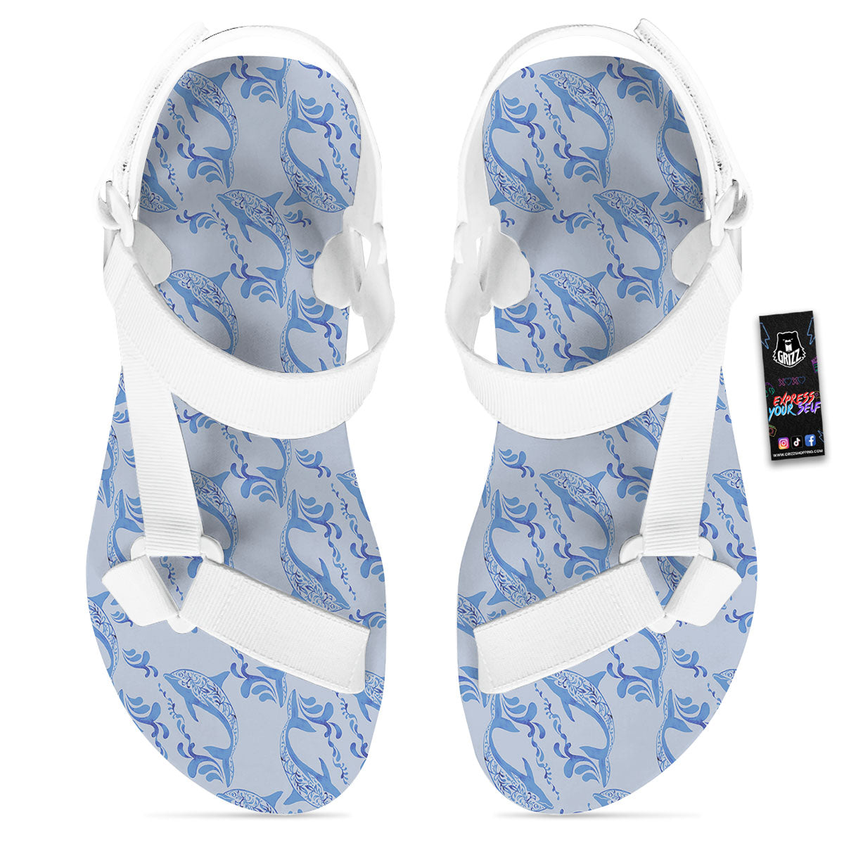 Dolphins Blue Print Pattern White Open Toe Sandals-grizzshop