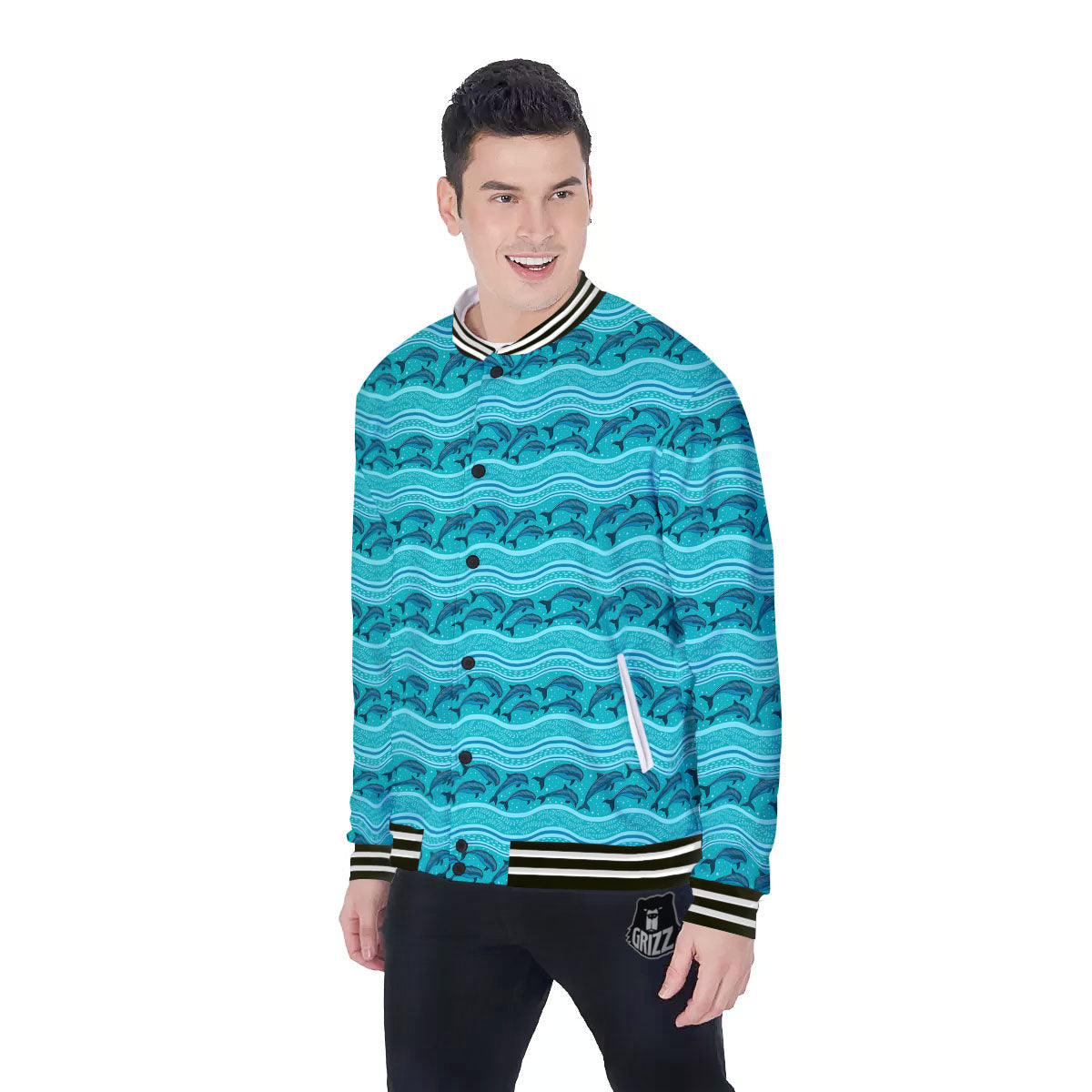 Dolphins In Ocean Print Pattern Baseball Jacket-grizzshop