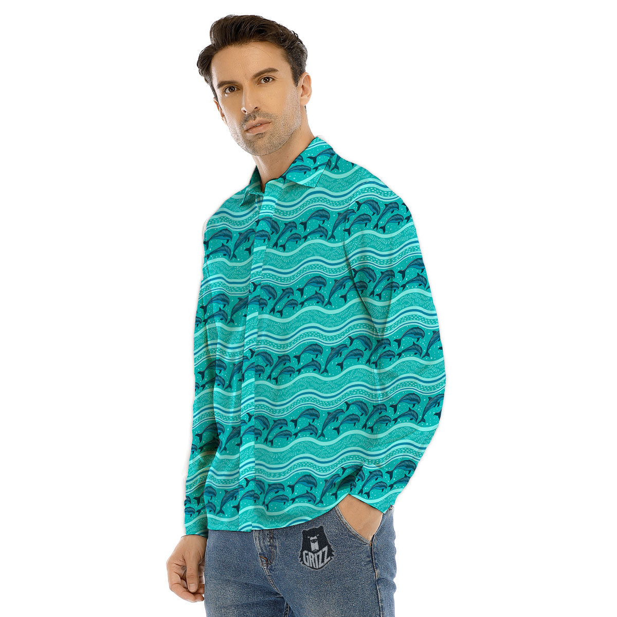 Dolphins In Ocean Print Pattern Men's Dress Shirts-grizzshop