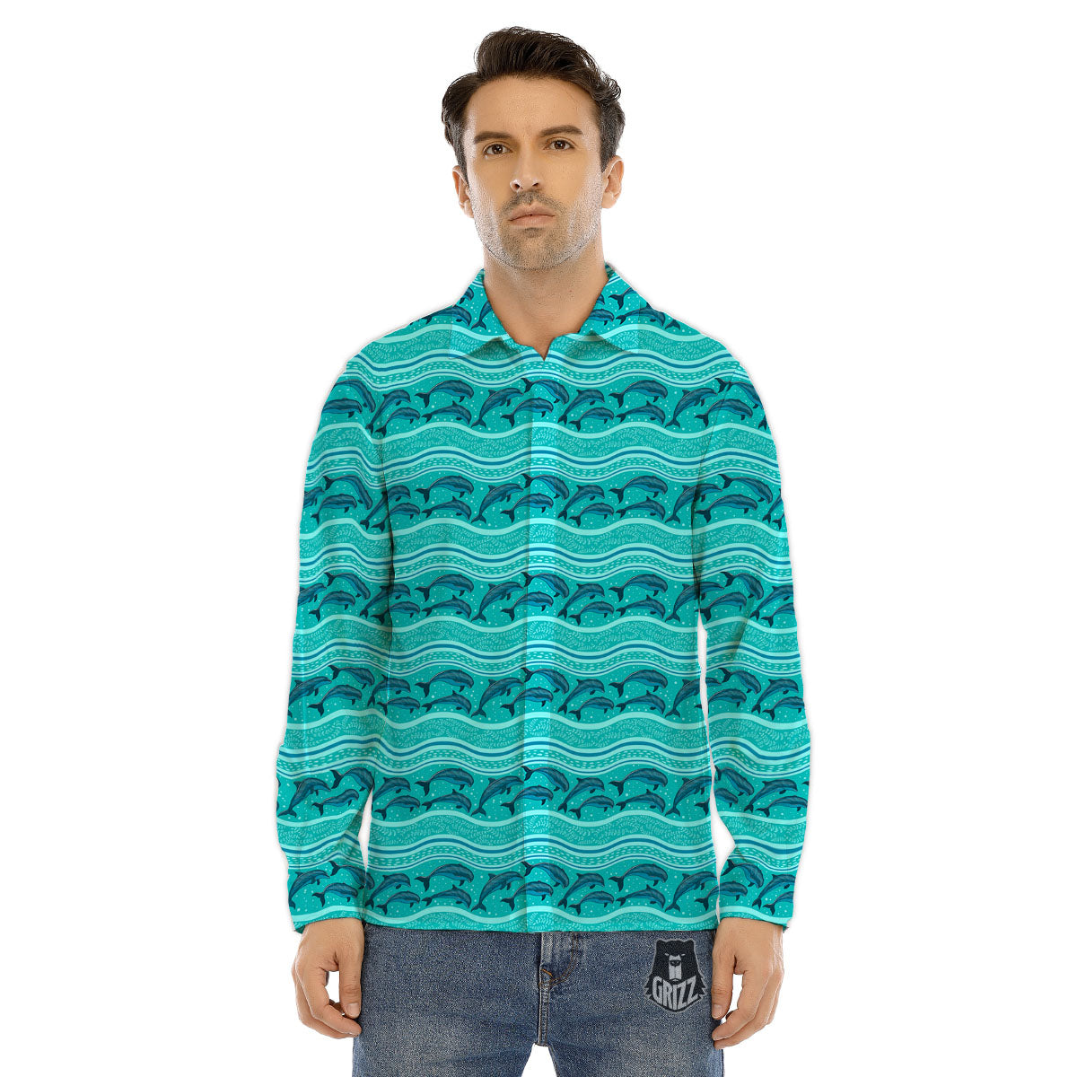 Dolphins In Ocean Print Pattern Men's Dress Shirts-grizzshop