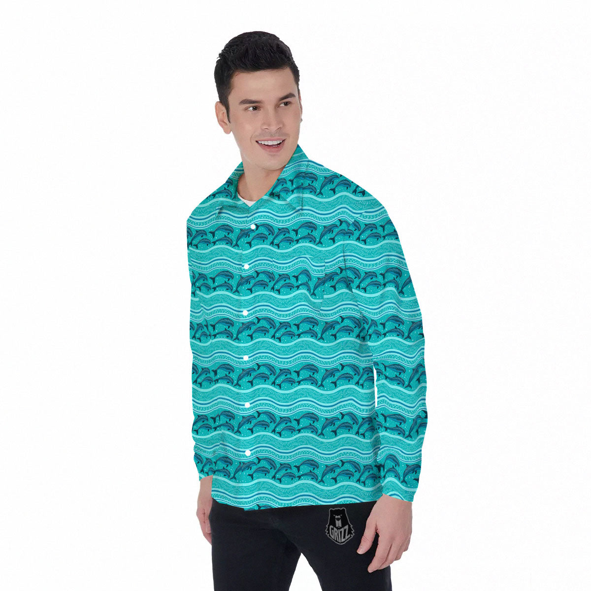 Dolphins In Ocean Print Pattern Men's Long Sleeve Shirts-grizzshop
