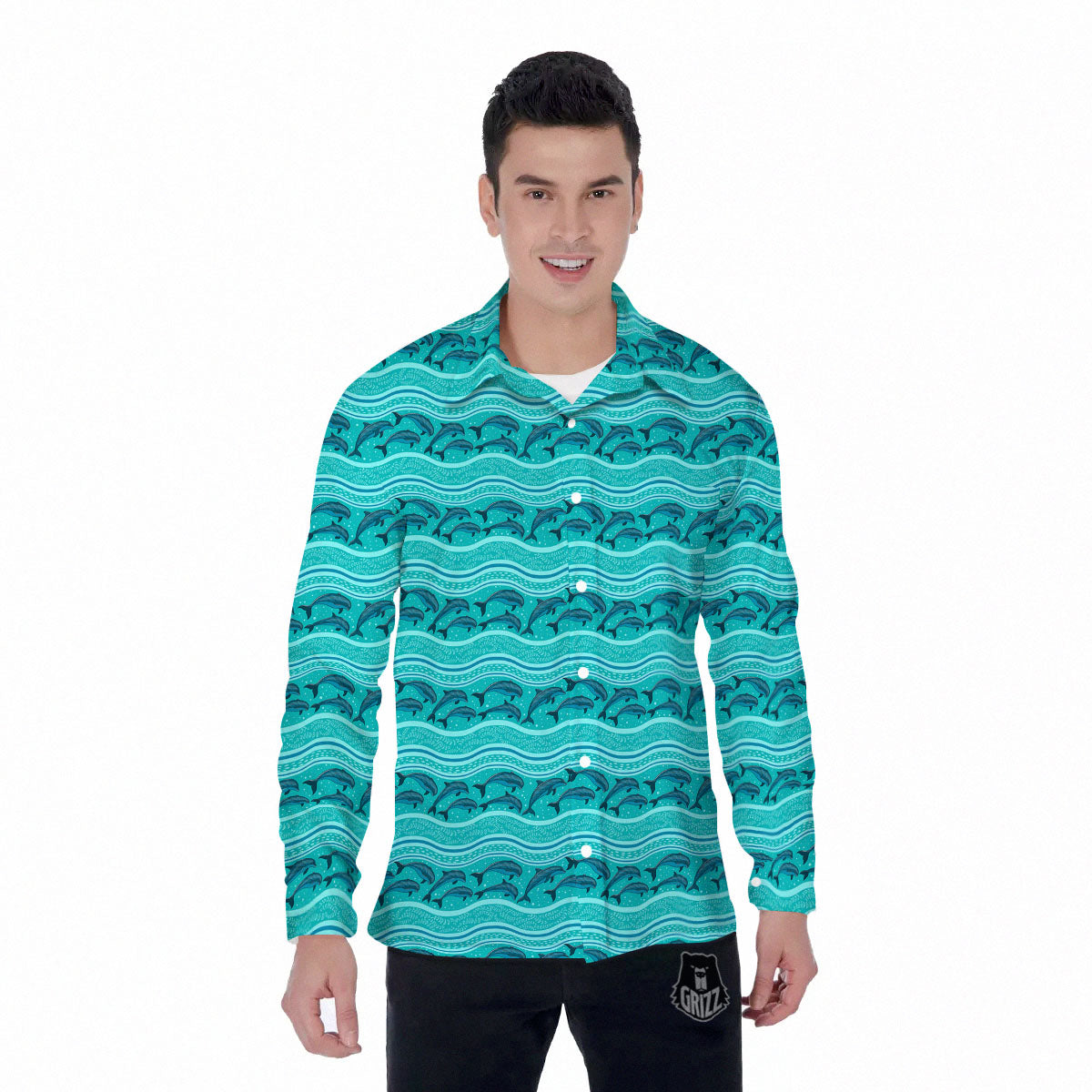 Dolphins In Ocean Print Pattern Men's Long Sleeve Shirts-grizzshop