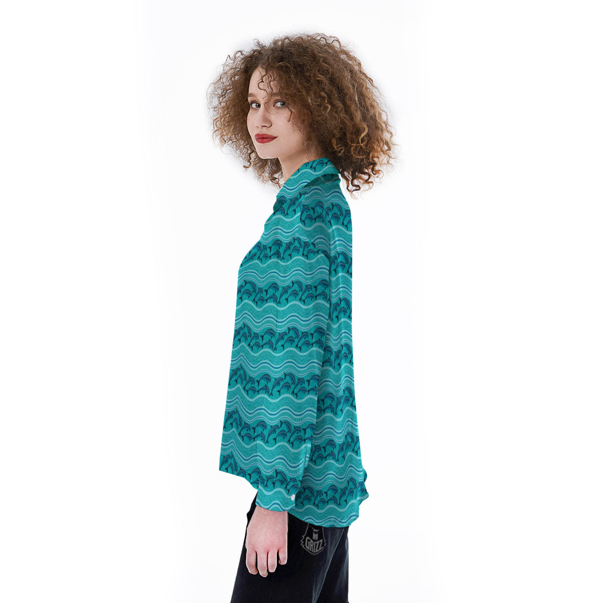 Dolphins In Ocean Print Pattern Women's Long Sleeve Shirts-grizzshop