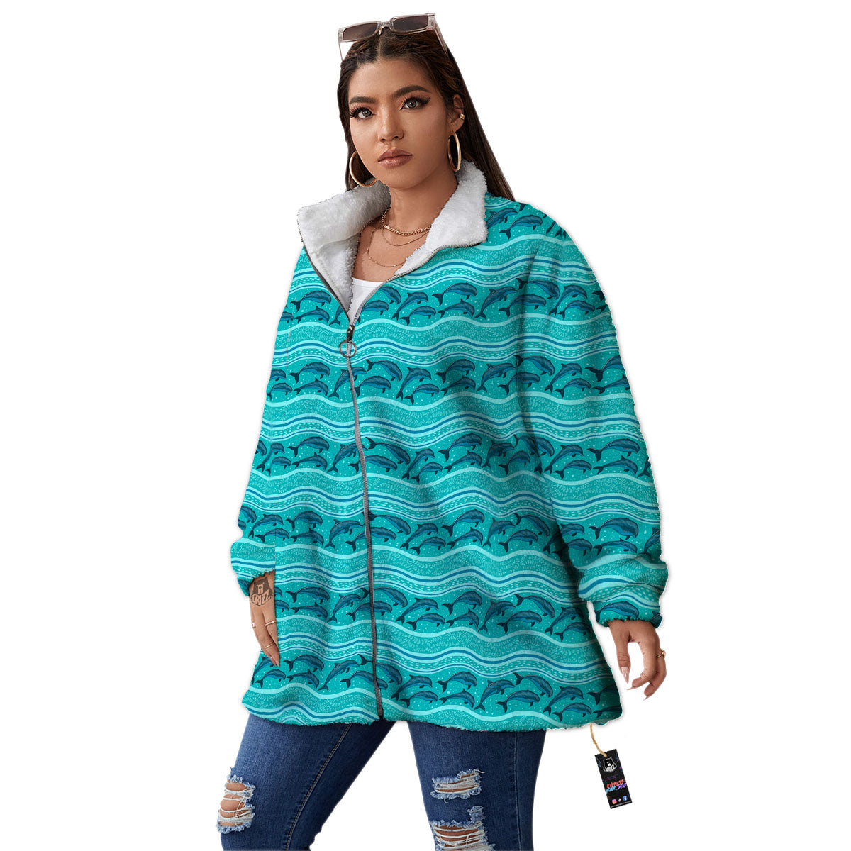 Dolphins In Ocean Print Pattern Women's Sherpa Jacket-grizzshop