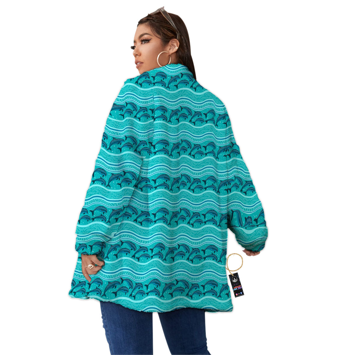 Dolphins In Ocean Print Pattern Women's Sherpa Jacket-grizzshop