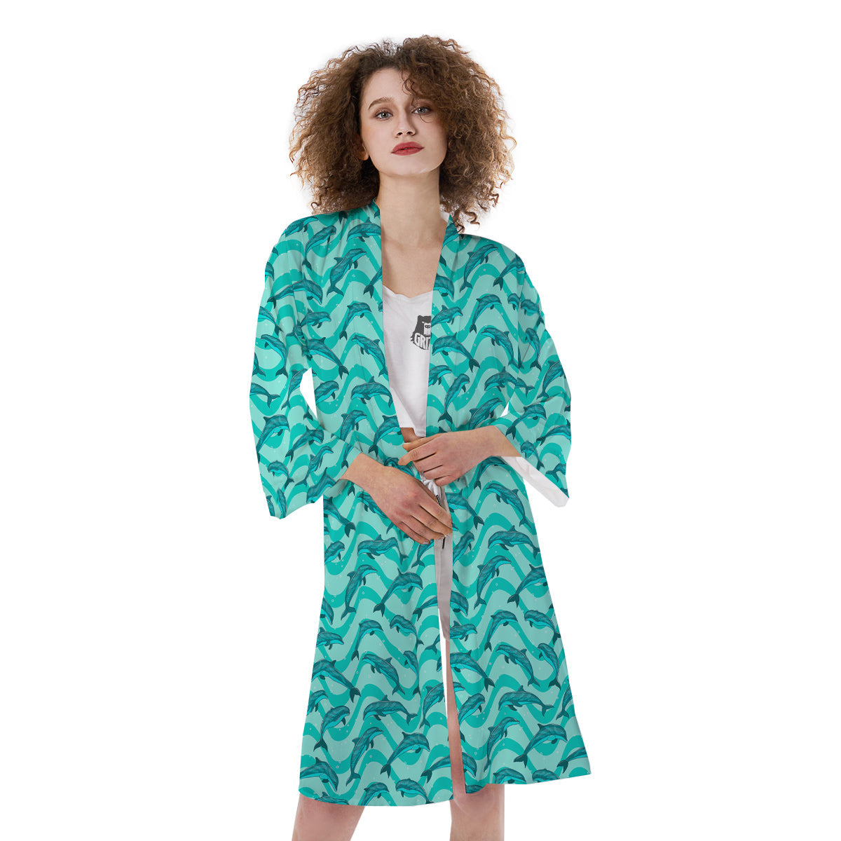 Dolphins In The Ocean Cute Print Pattern Kimono-grizzshop
