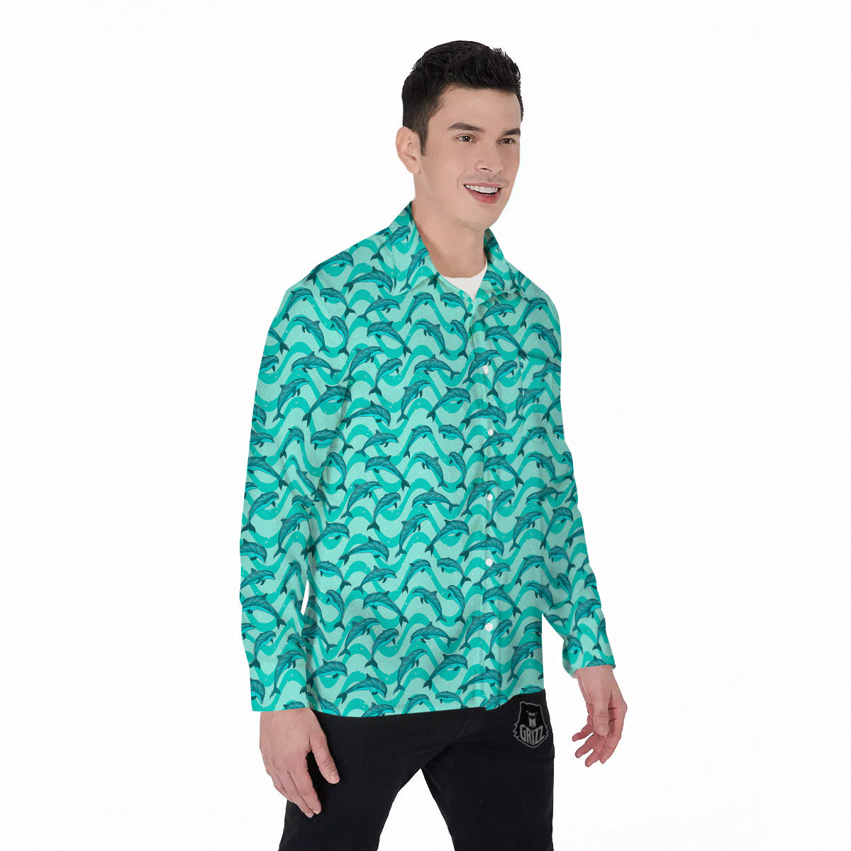 Dolphins In The Ocean Cute Print Pattern Men's Long Sleeve Shirts-grizzshop