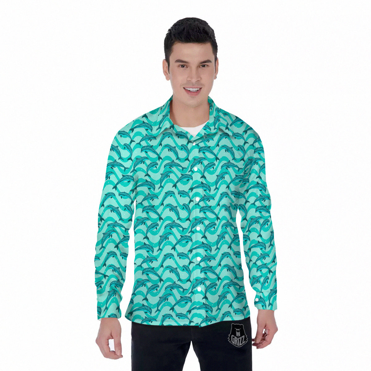 Dolphins In The Ocean Cute Print Pattern Men's Long Sleeve Shirts-grizzshop