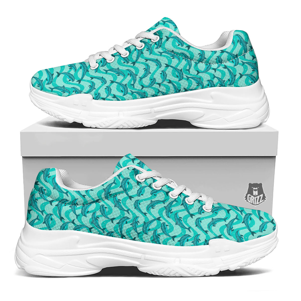 Dolphins In The Ocean Cute Print Pattern White Chunky Shoes-grizzshop