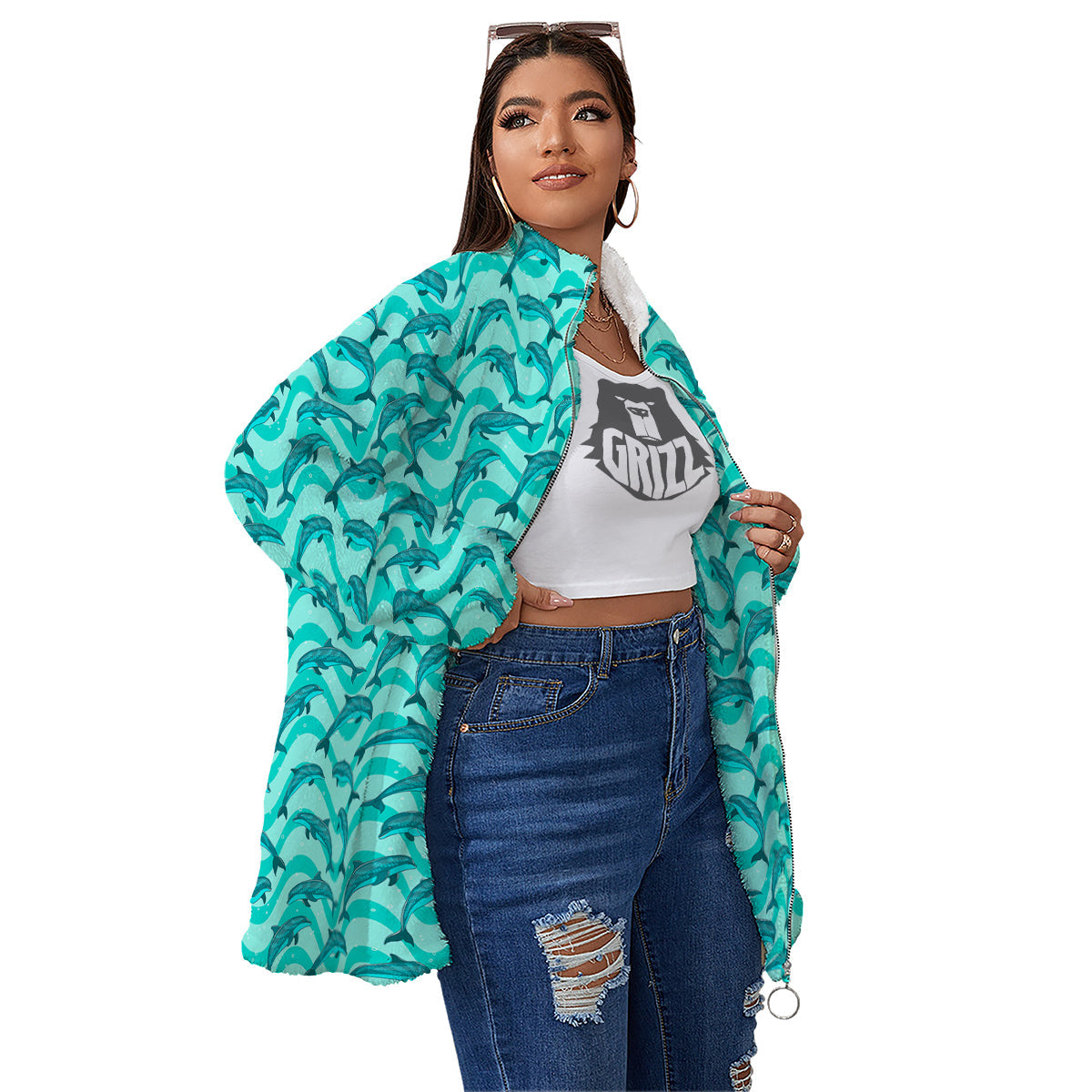 Dolphins In The Ocean Cute Print Pattern Women's Sherpa Jacket-grizzshop