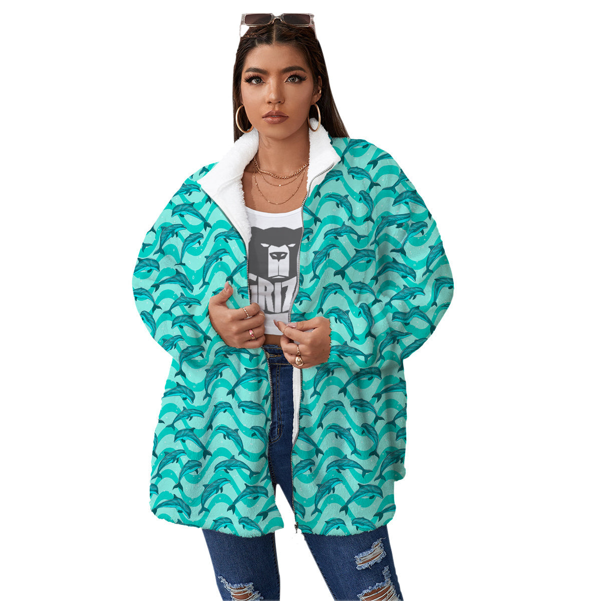 Dolphins In The Ocean Cute Print Pattern Women's Sherpa Jacket-grizzshop