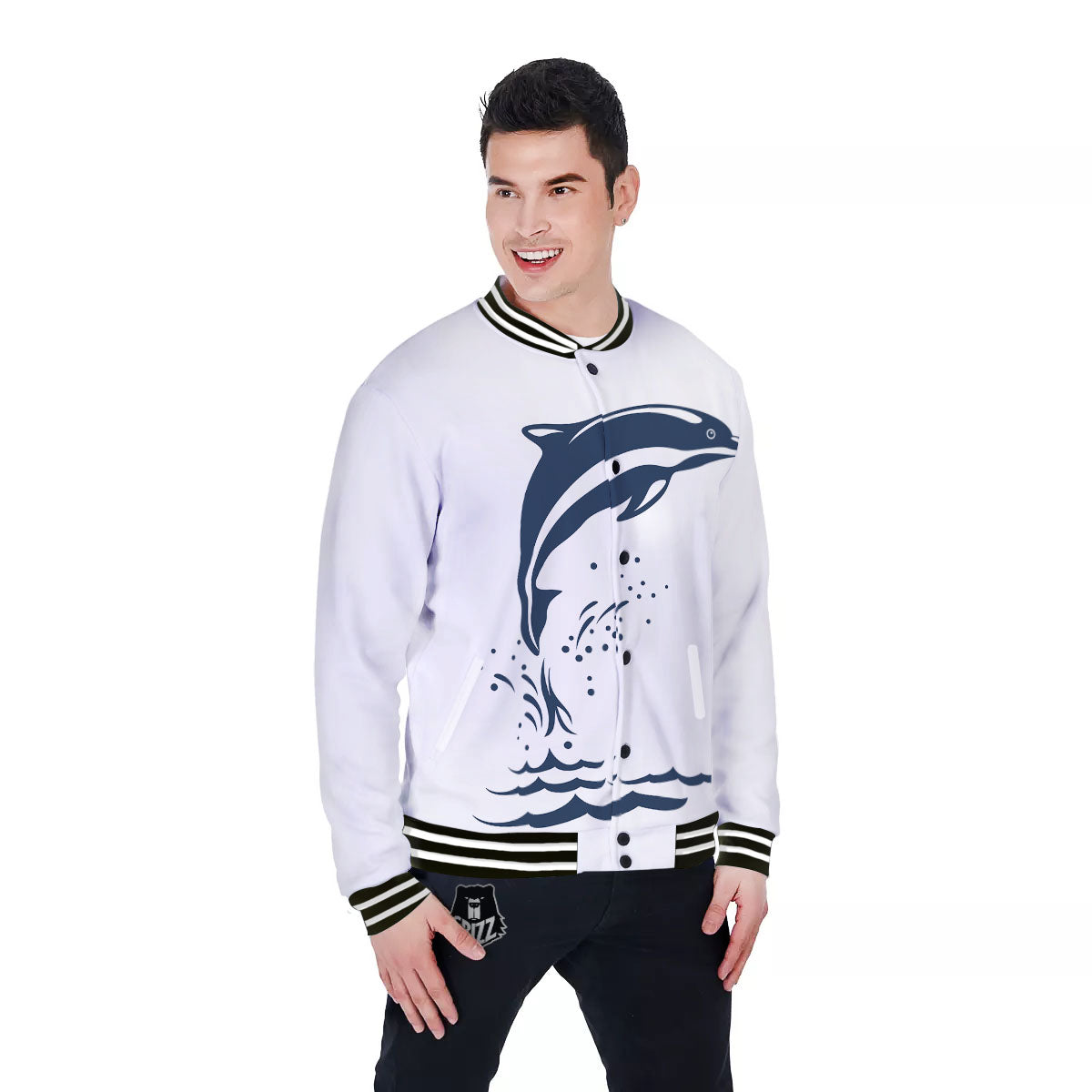 Dolphins Jump On Waves Print Baseball Jacket-grizzshop