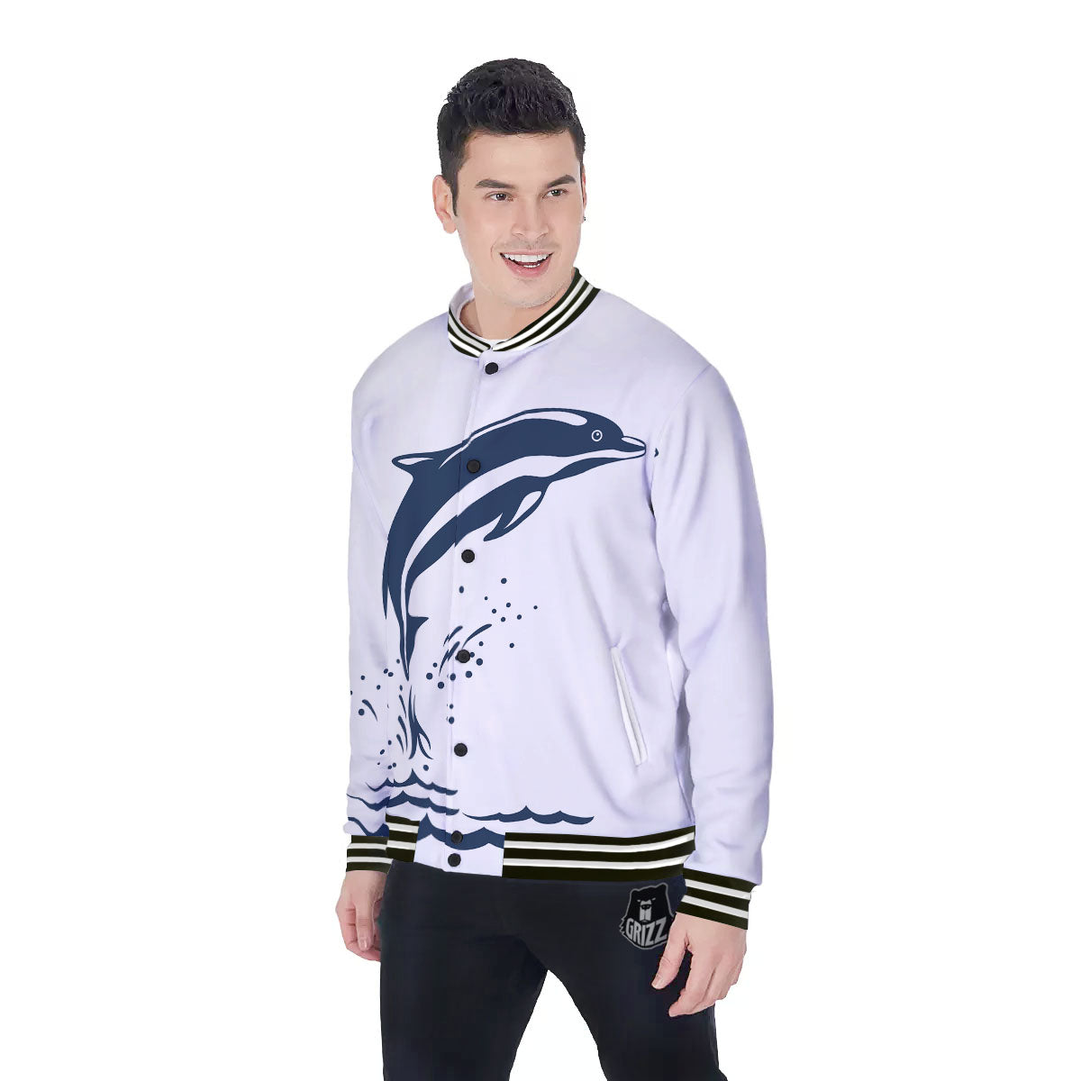 Dolphins Jump On Waves Print Baseball Jacket-grizzshop