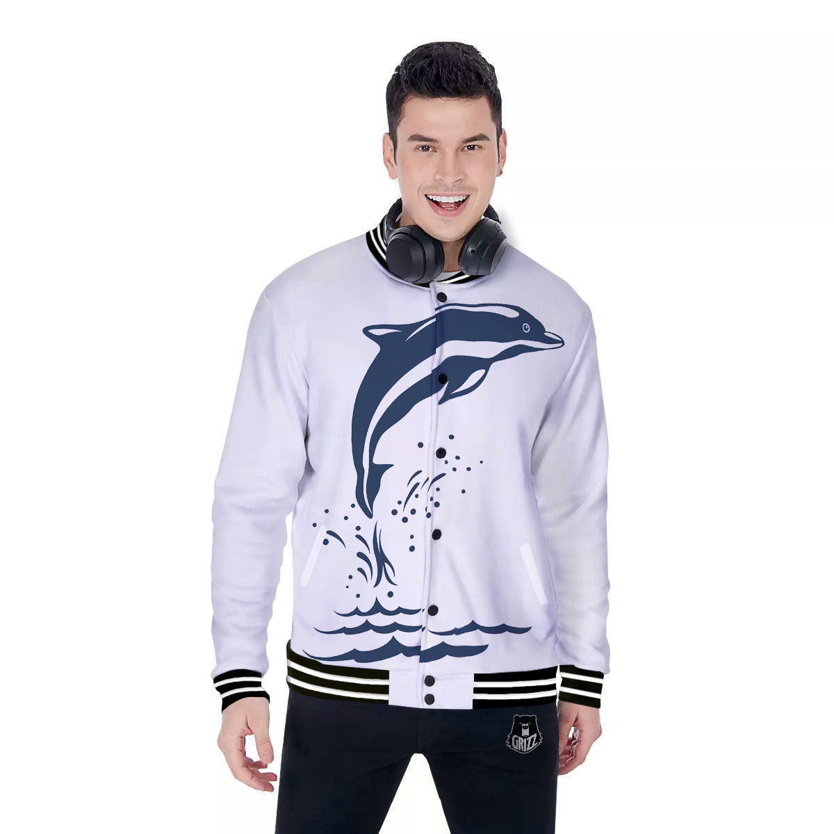 Dolphins Jump On Waves Print Baseball Jacket-grizzshop