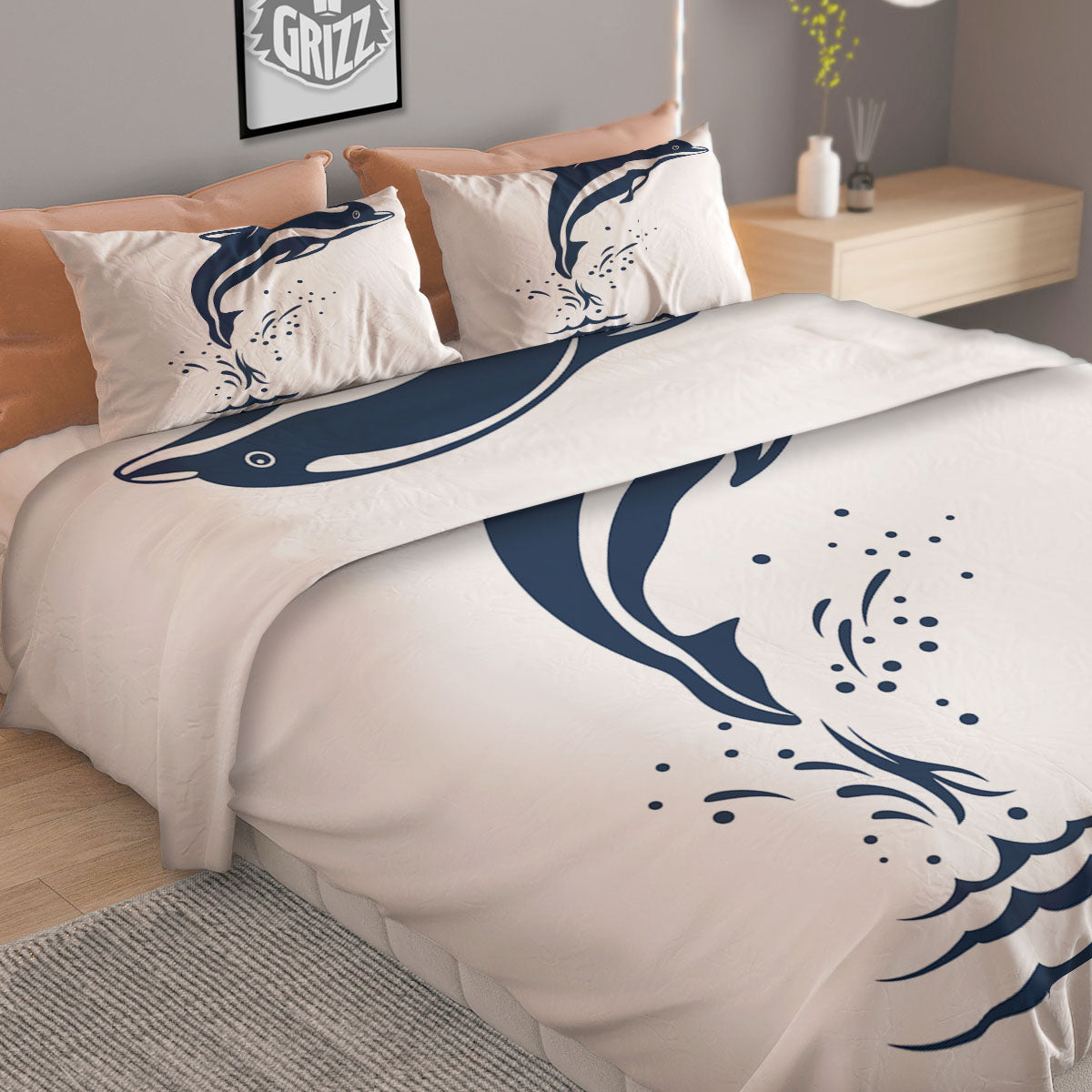 Dolphins Jump On Waves Print Duvet Cover Bedding Set
