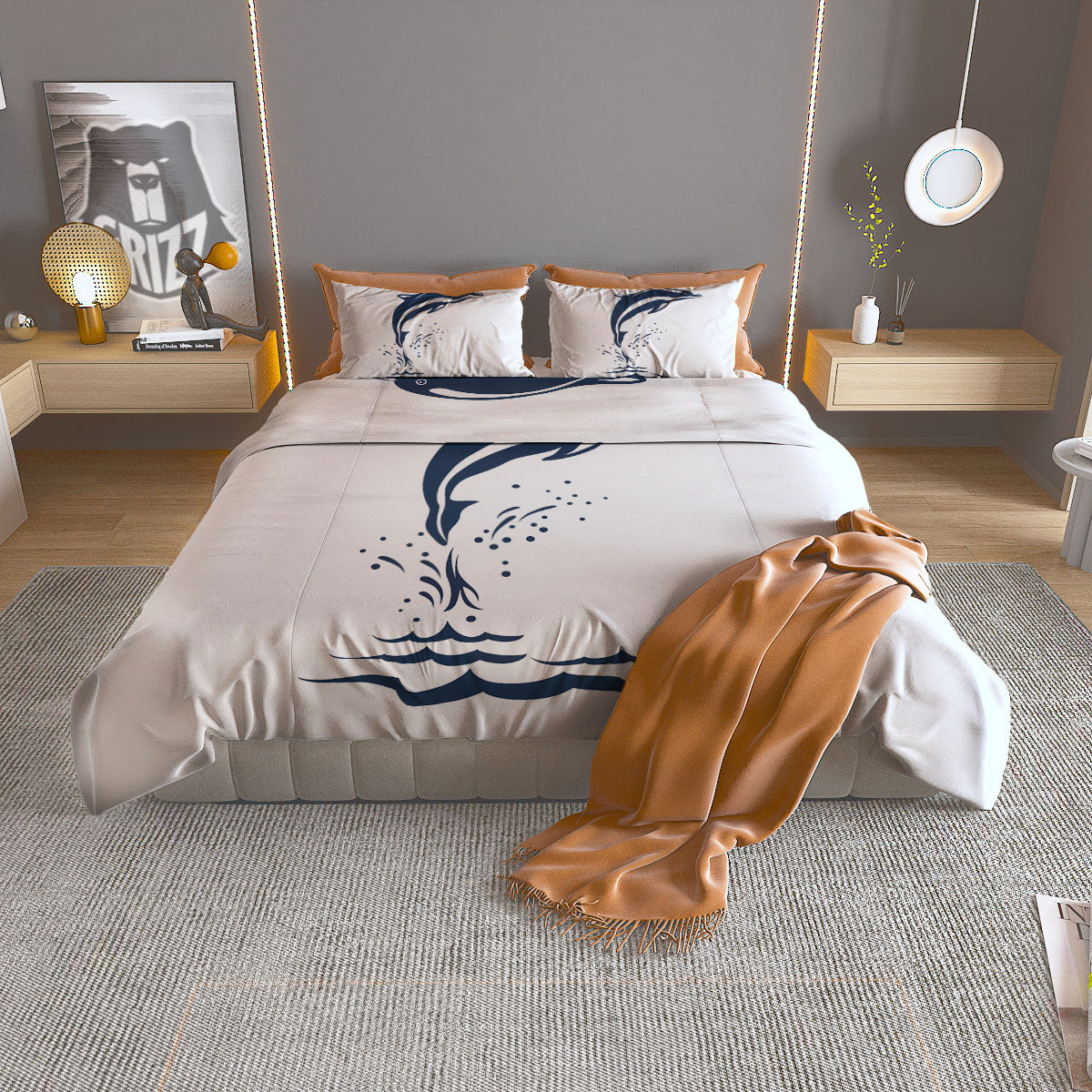 Dolphins Jump On Waves Print Duvet Cover Bedding Set