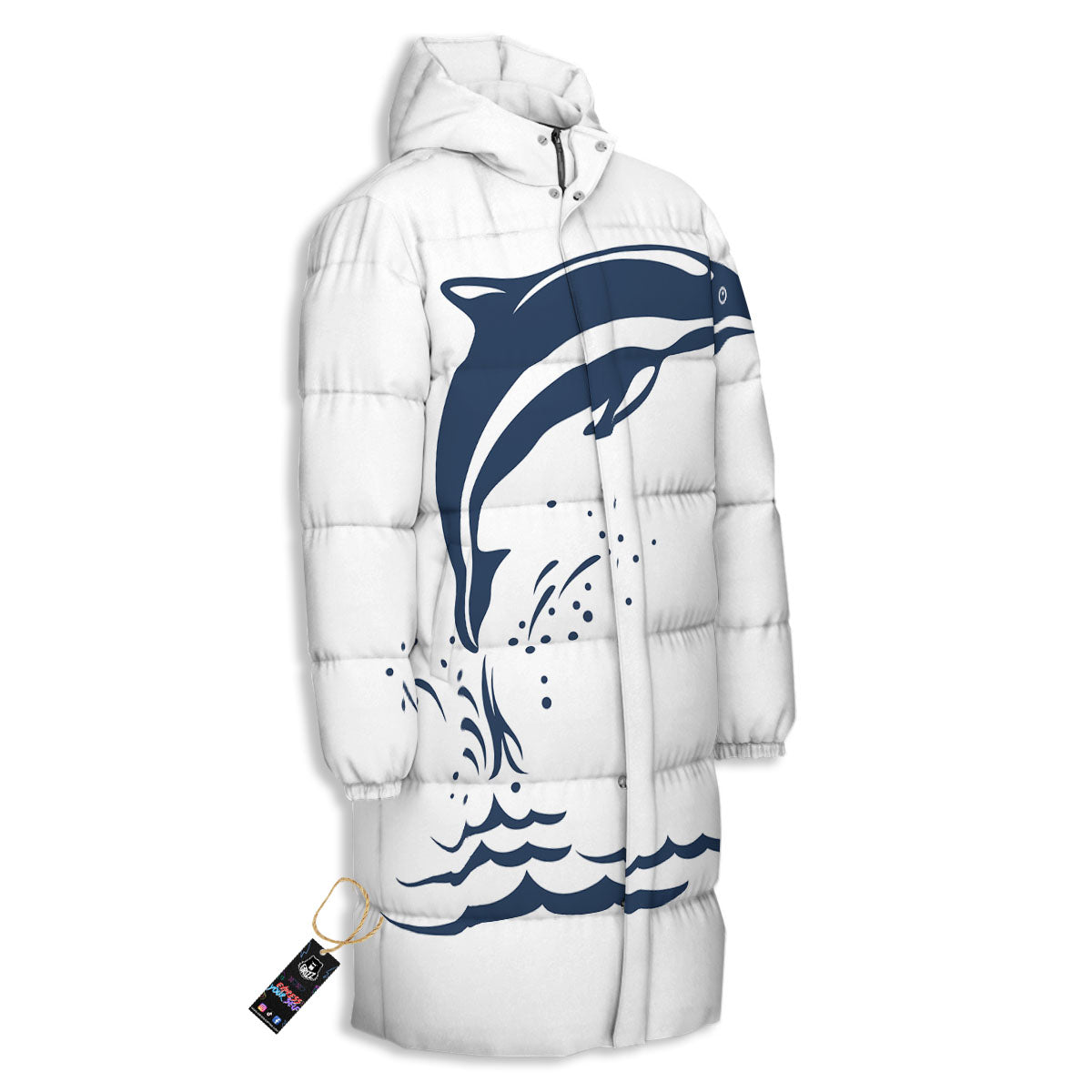 Dolphins Jump On Waves Print Long Down Jacket-grizzshop